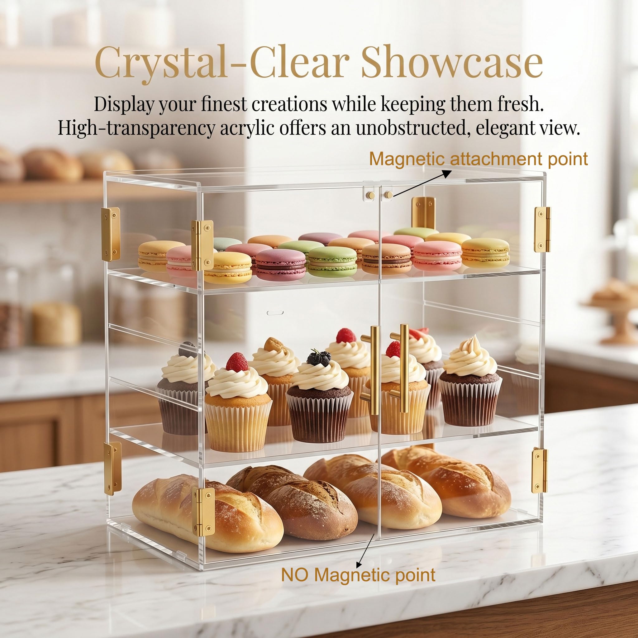 Vitrina de panadería mejorada de 3 niveles con puerta magnética | Vitrina acrílica para repostería de altura ajustable, para pan, postres, cosméticos, baño