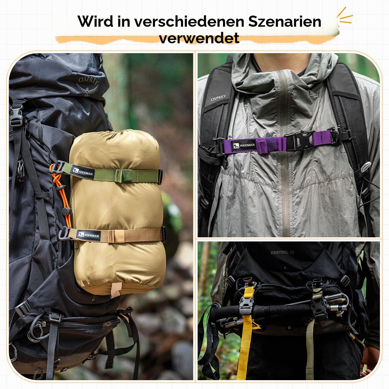 HIKEMAN Taktisches Rush-Stufen-System – verstellbare MOLLE-Rucksackgurte, Befestigungsgurte mit Schnallenclips, Outdoor-Kompressions-Bündelgurt, Erweiterungsmodul, Zubehör, Gepäckgurt (schwarz)