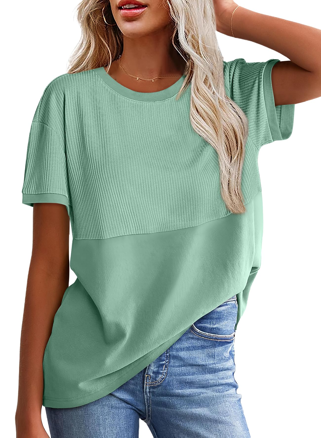 WIHOLL Womens Casual Crew Neck Ribbed Tops Short Sleeve T Shirts Summer Loose Blouses