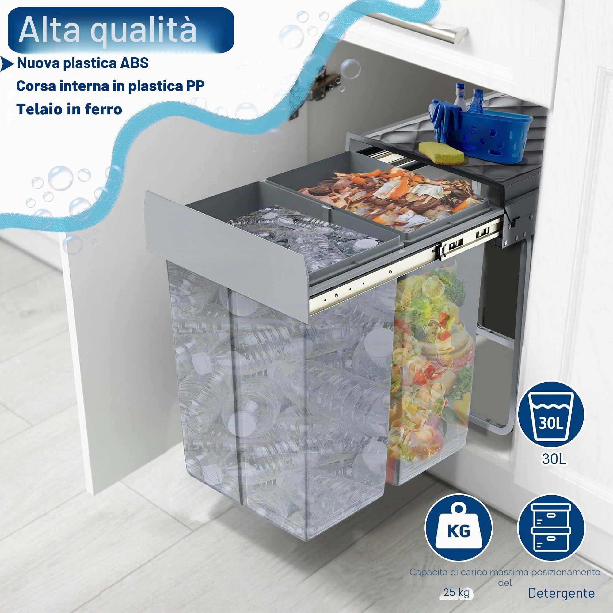 YUENFONG - Pattumiera da incasso a 2 scomparti, 2x15 litri, con guide telescopiche, sistema di raccolta differenziata, pattumiera con cassetto estraibile, 48 x 34,2 x 35,1 cm