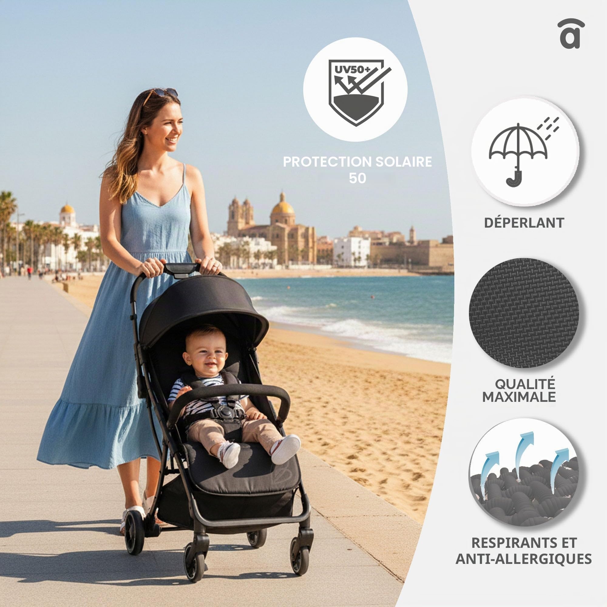 Asalvo HITO Poussette pour bébé, confortable, ultra légère, sûre, capote avec fenêtre et frein arrière, maniable, pliable compact, charge maximale 24 kg, beige