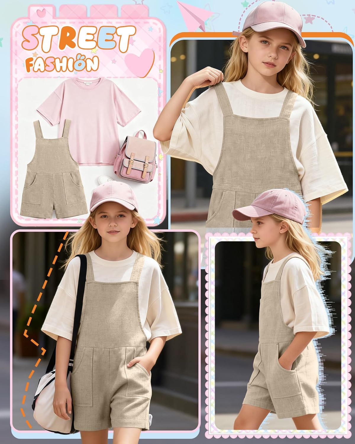 Girl's Rompers Linen Sleeveless Jumpsuits 5-14 Years Overalls Shorts with Pockets Cute Teen Summer Clothes