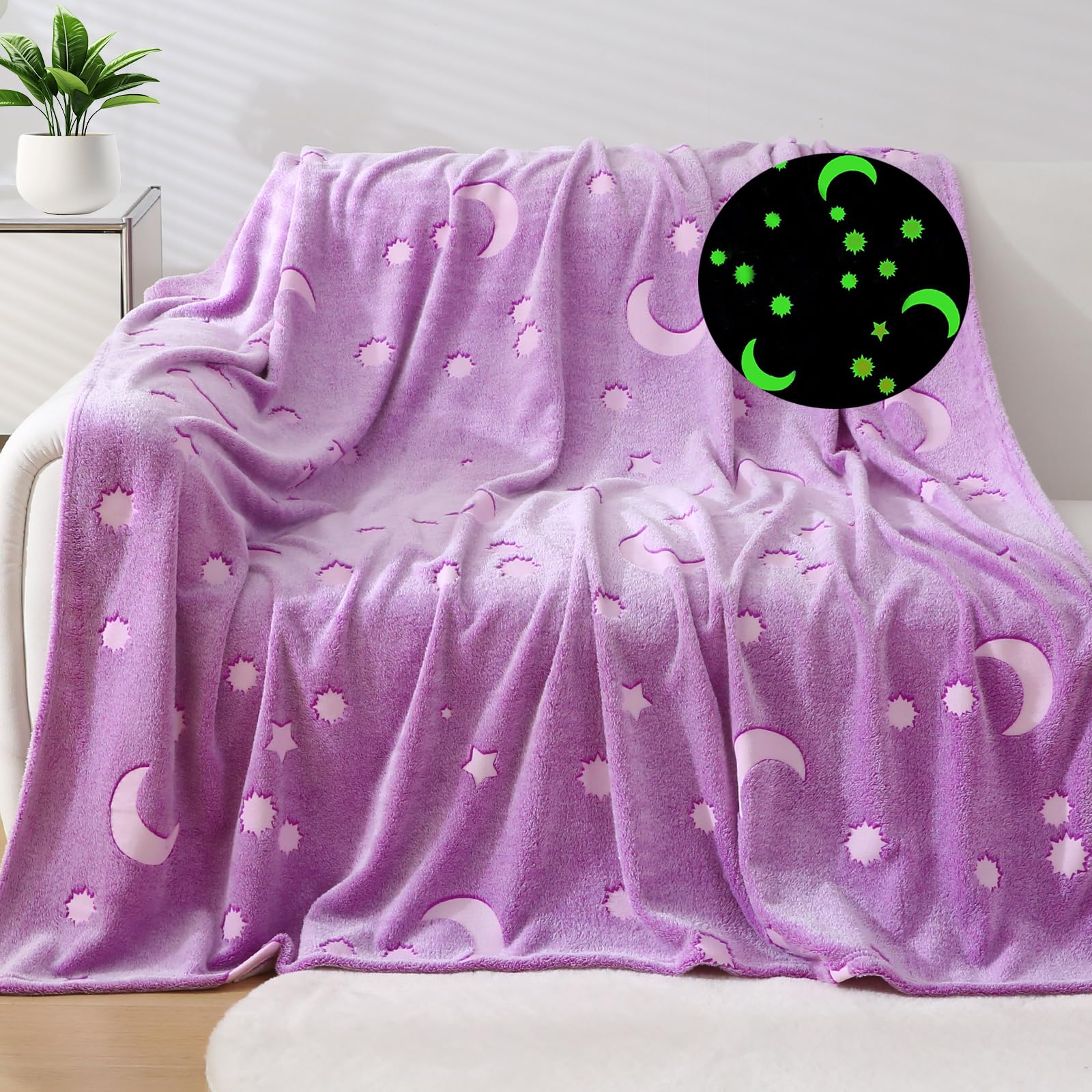 Glow in The Dark Purple Blanket for Girls 7 8 9 10 11 12 Year Old Birthday Gifts Star Moon Purple Throw Blanket for Girls Women 60x80 Inch - Purple-image-22