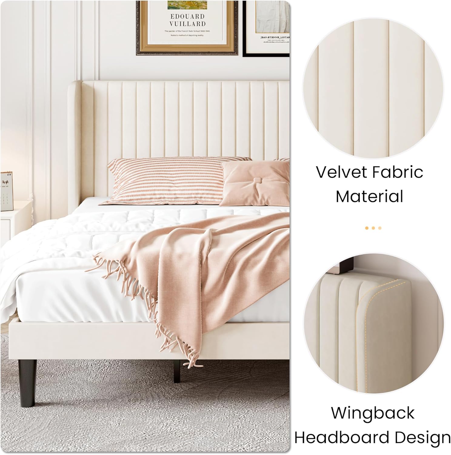 SHA CERLIN King Size Velvet Bed Frame with Vertical Channel Tufted Wingback Headboard, Upholstered Platform Bed with Wood Slats, No Box Spring Needed, Easy Assembly, Cream White