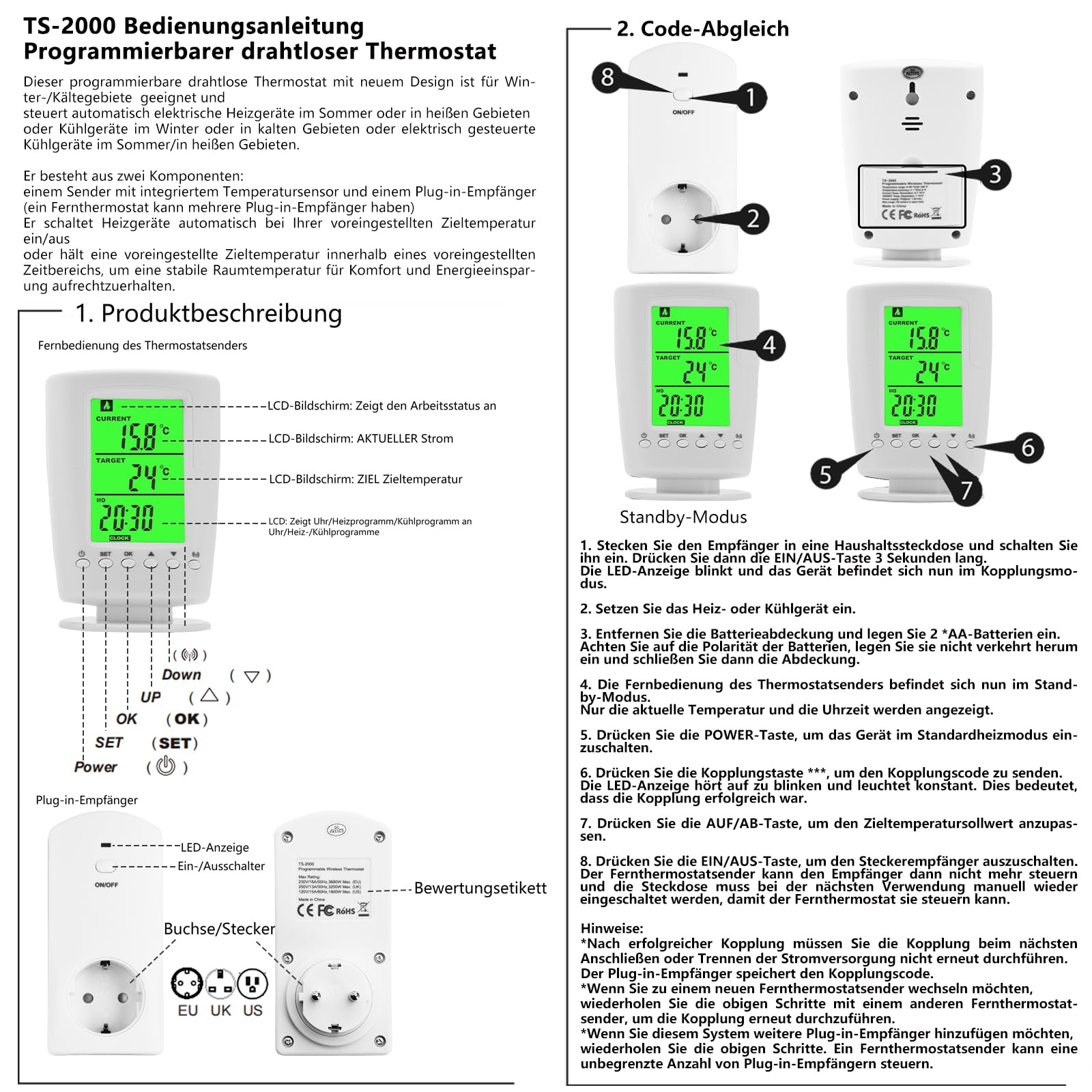 Diymore 230V Presa Termostatica Wireless con Termostato Presa Elettrica con Termostato Wireless di Riscaldamento e Raffreddamento
