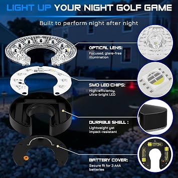 KINGTOP LED Golf Hole Light with Anti-Glare Lens - Battery Operated, Glow in The Dark Putting Cup Lights, Ideal for Night Golf, Backyard Practice Putting Green & Golf Parties