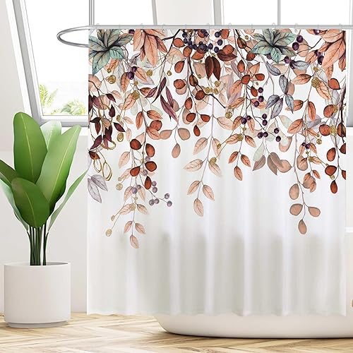 Miniatura 2 de Funnytree Cortina de ducha de otoño de 72 x 72 pulgadas, diseño botánico de hojas colgantes de otoño, para decoración de baño, lavable a máquina
