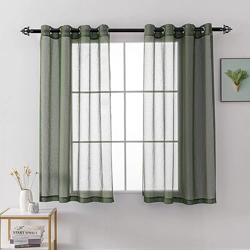 HUTO Cortinas traslúcidas color verde medianoche para ventanas pequeñas de 54 pulgadas de largo, cortinas de gasa de lino sintético con ojales para