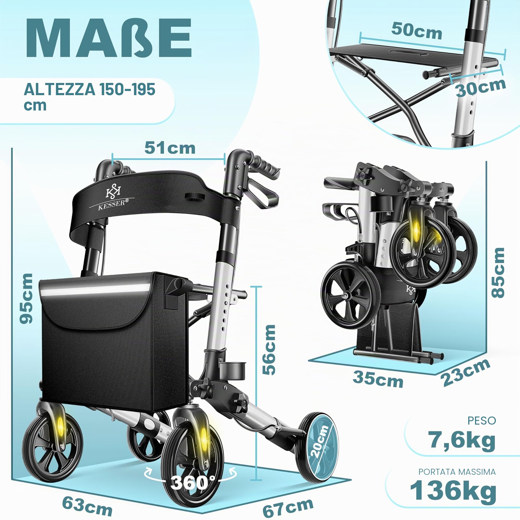 KESSER Leggero deambulatore pieghevole Girello ultraleggero con 4 ruote Premium in alluminio Rollator Set Peso massimo sopportato: 136 Kg