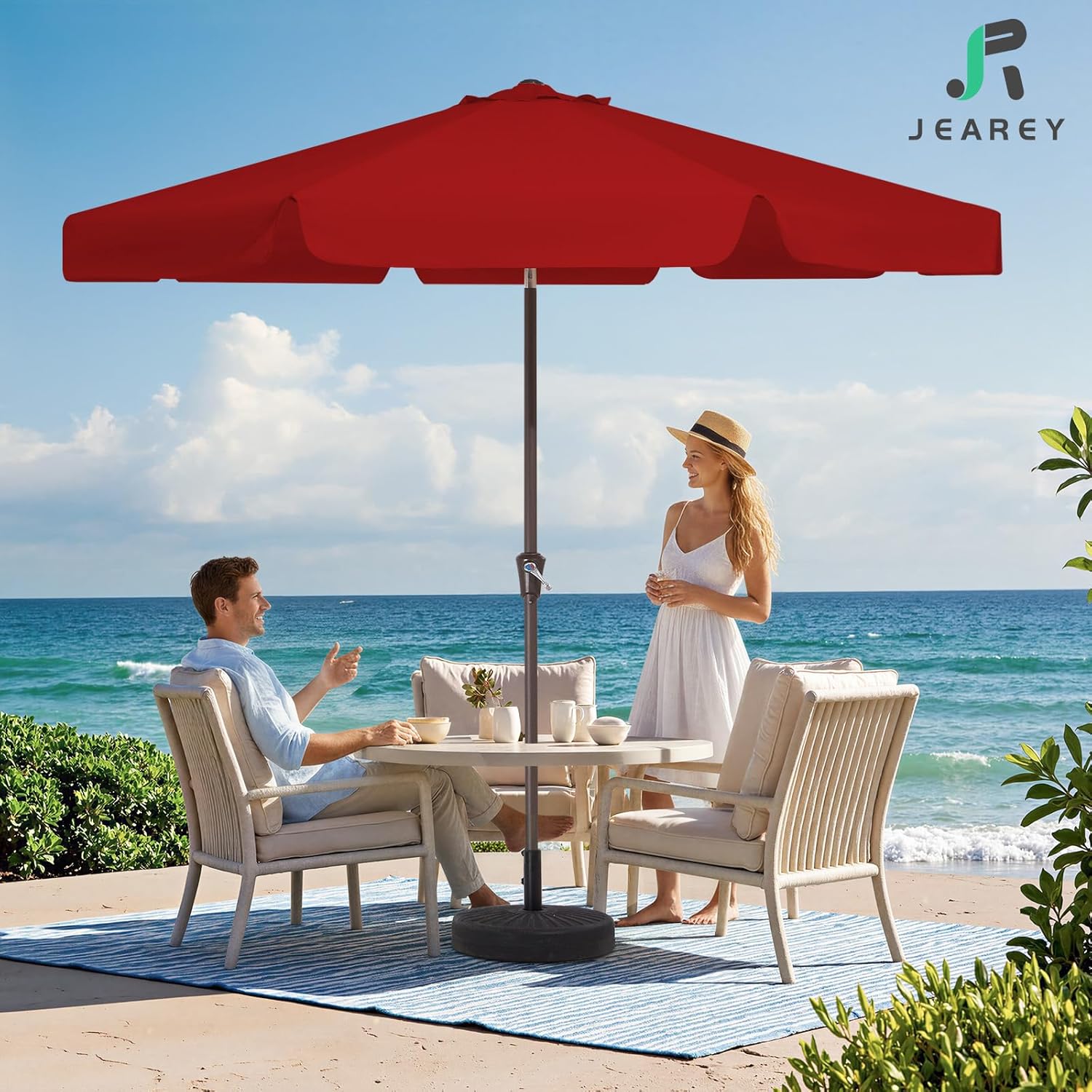 jearey 9 ft patio umbrella outdoor, table umbrellas market umbrella w/push button tilt/crank, 8 sturdy ribs(red) red 9ft