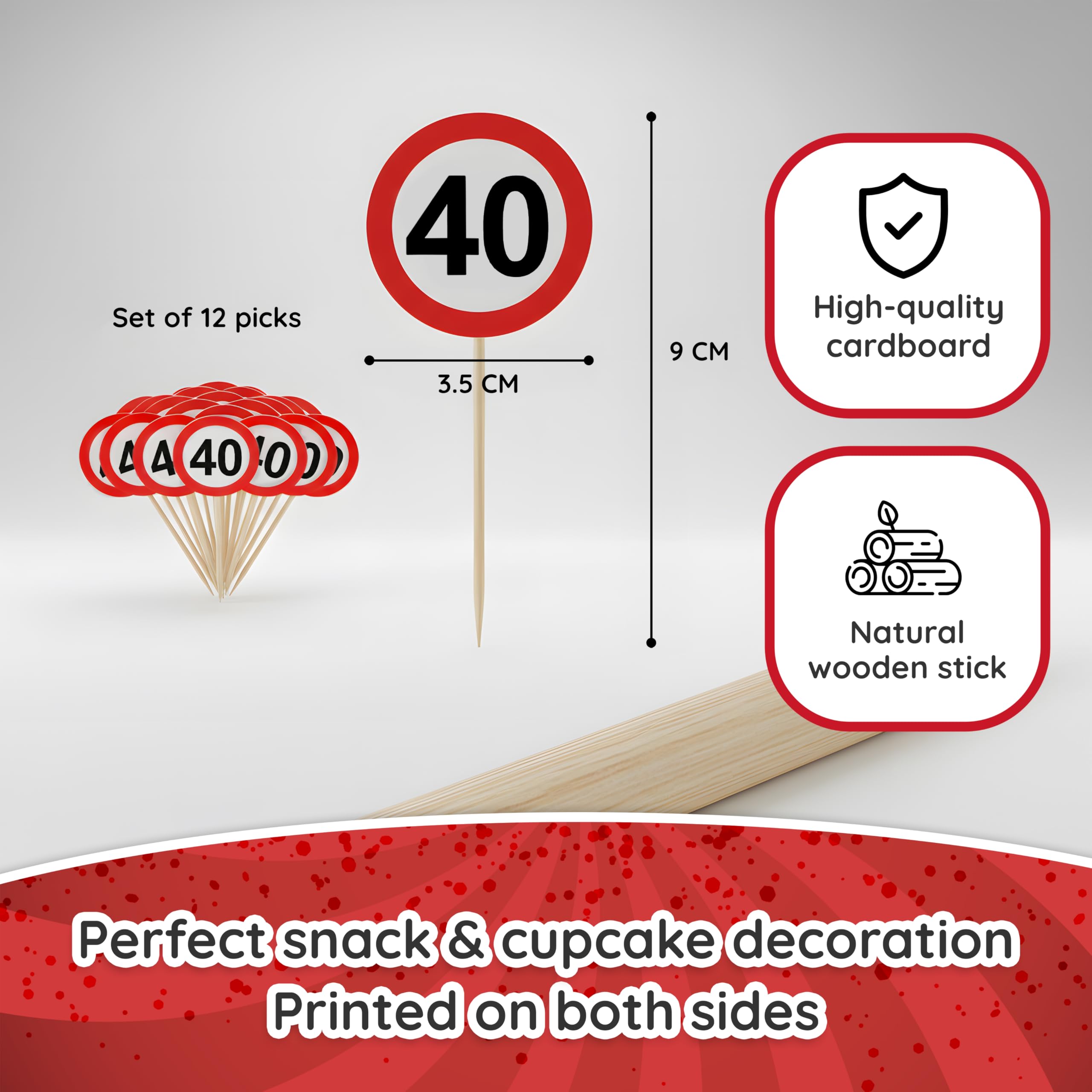 Decorazioni per Il 40° Compleanno – 12 Stuzzicadenti Party Rossi e Bianchi con Il Numero “40” in Stile Cartello Stradale – addobbi Originali e Idee Regalo Divertenti per Uomo e Donna