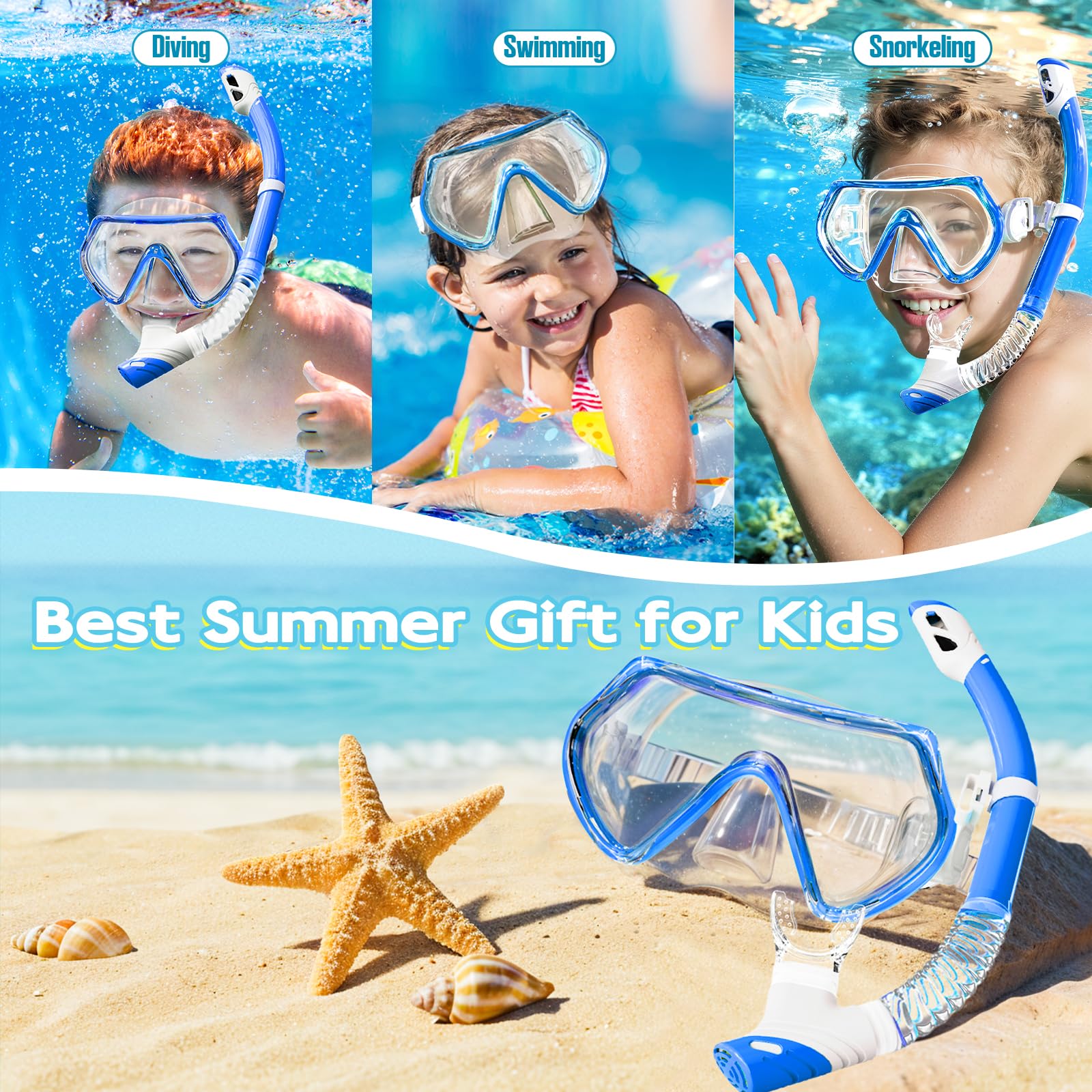 Set da snorkeling per bambini, unisex, maschera da immersione anti-appannamento e boccaglio asciutto, per bambini dai 3 ai 14 anni (blu)