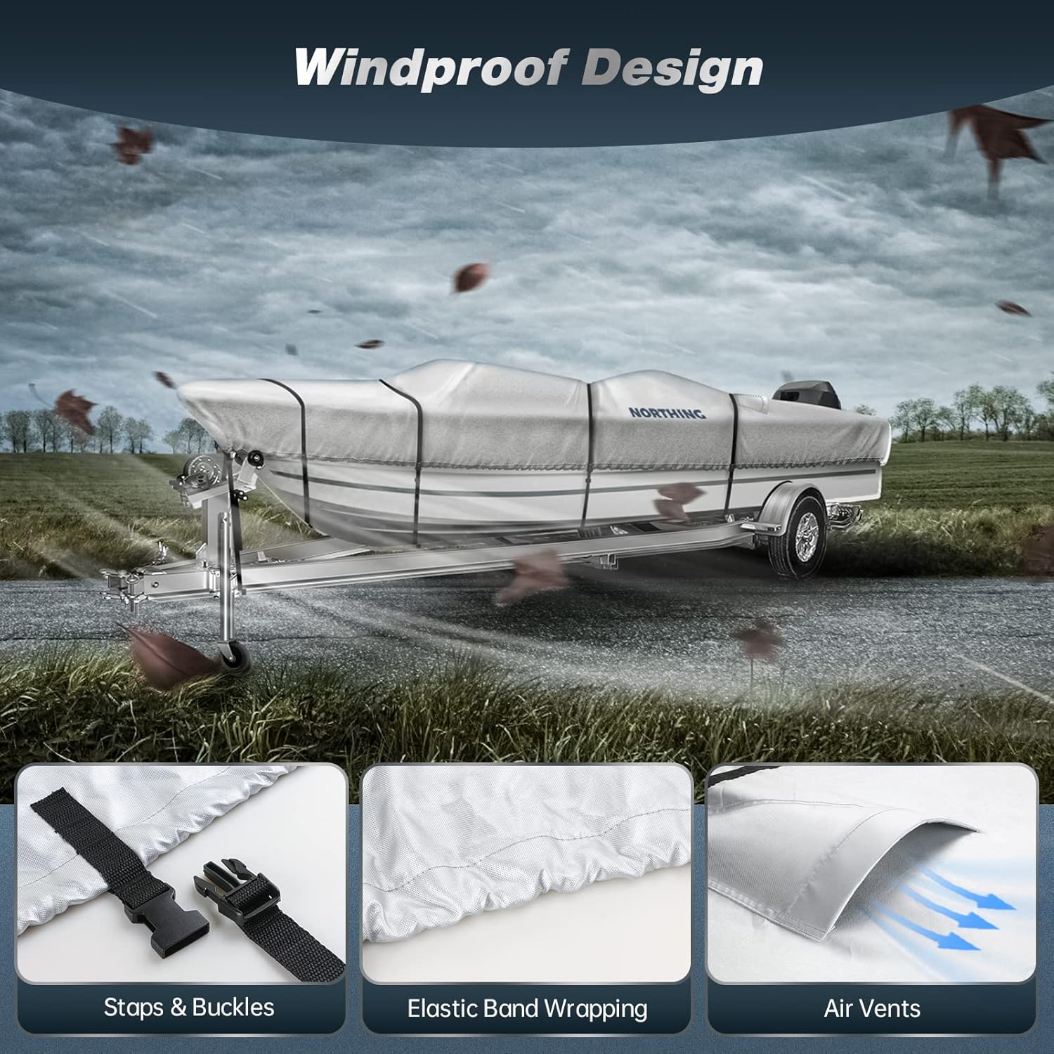 Trailerable Boat Cover, NORTHING Waterproof 900D Marine Grade Polyester Bass Boat Cover Fits V-Hull,Pro-Style,Fishing Boat,Runabout, Support Pole Included (Length:16'-18.5' Beam Width: up to 98") : Sports & Outdoors