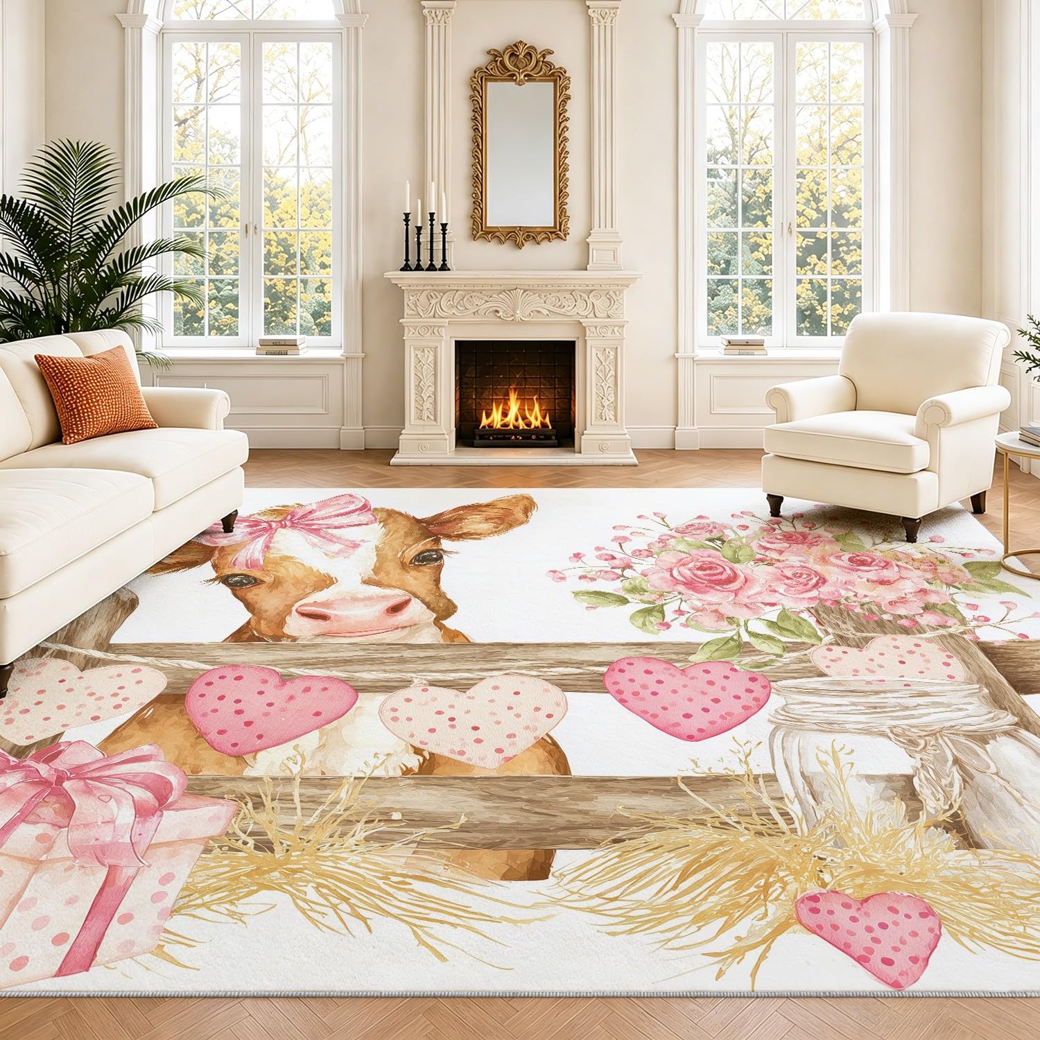 Tapis Vache Roses cœurs de Salon Lavable à Poils Ras 80 x 150 cm