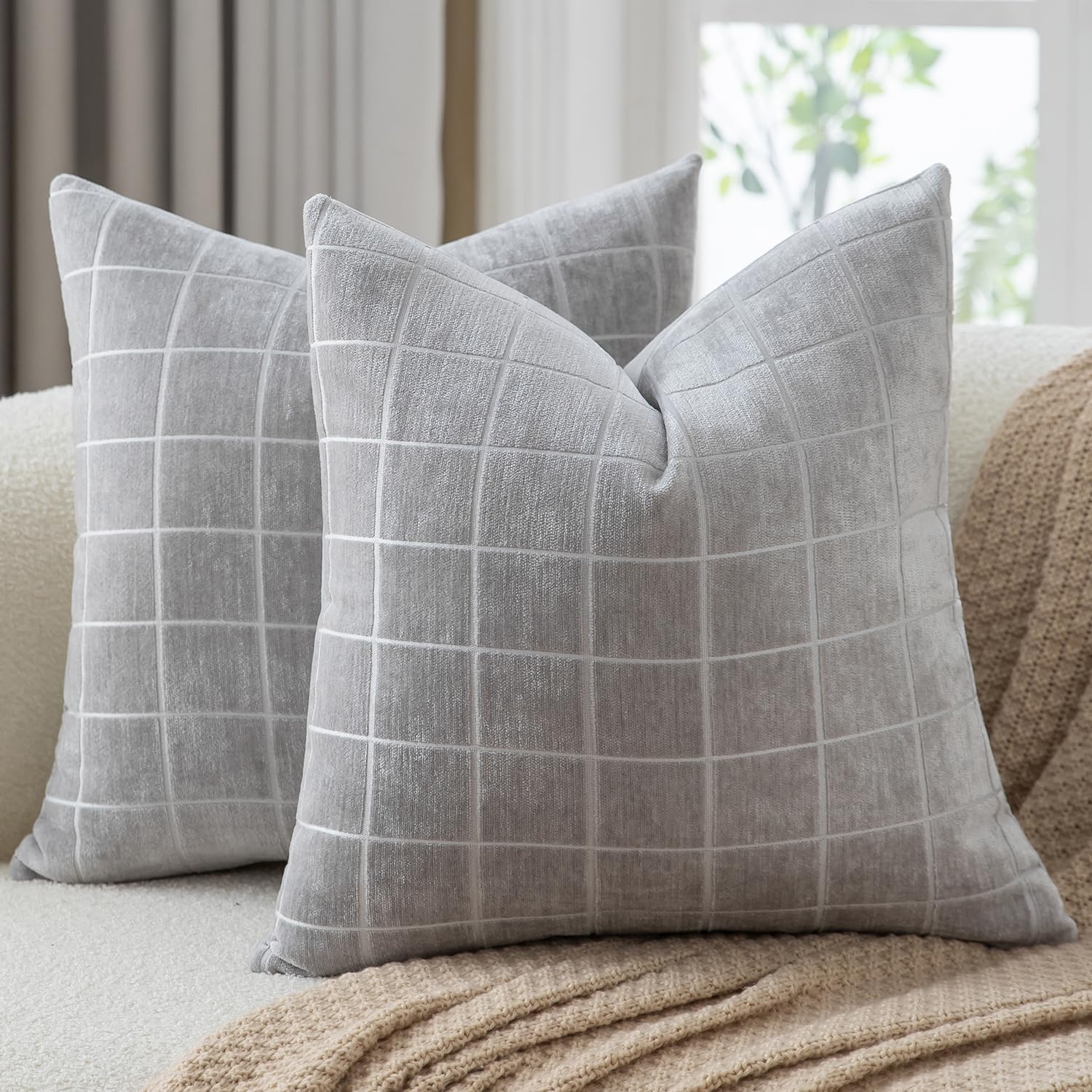 Mandioo Pack of 2 Chenille Check Cushion covers 65x65cm 26x26 Inch Vintage Plaid Decorative Pillow Covers Soft Velvet Backing Throw Pillow cases Farmhouse Sofa Couch Bed Living Room LightGray โ image 1
