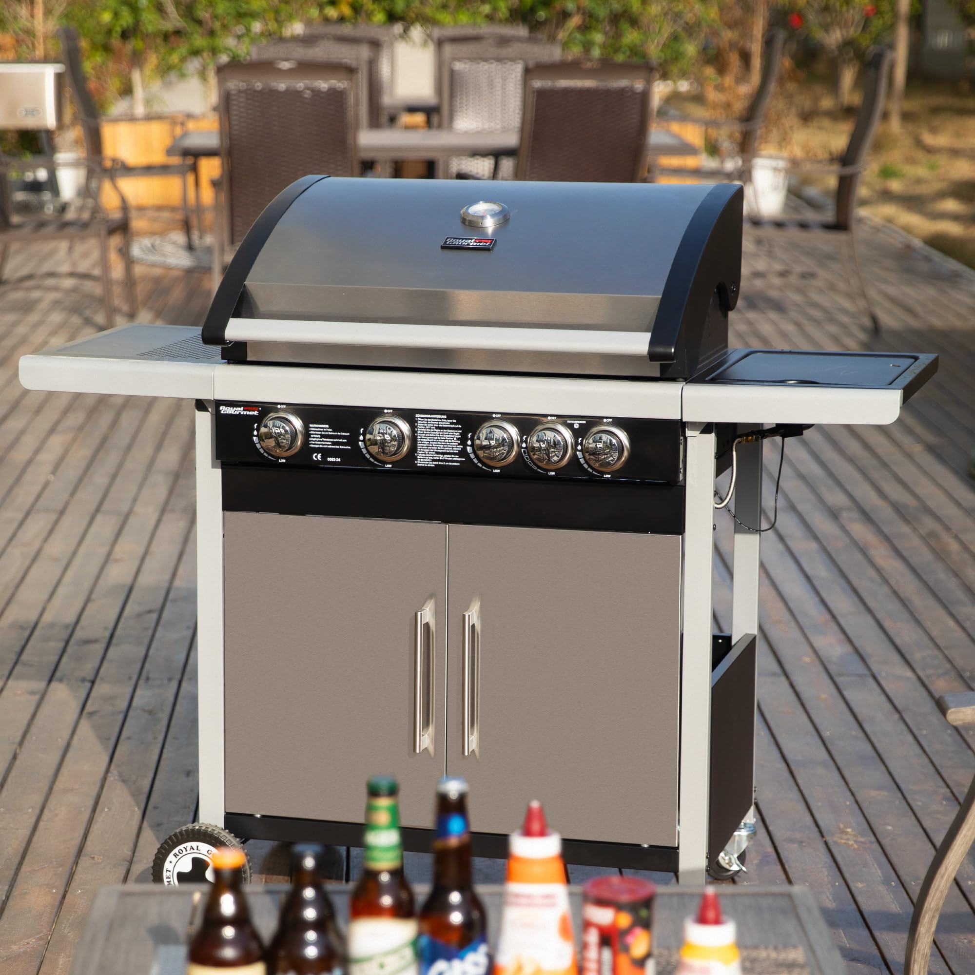 Royal Gourmet 4+1 Brenner Gasgrill Grillwagen mit Unterschrank, Edelstahlbrenner mit 14,5 kW und automatischer Zündung Campinggrill mit Seitenbrenner Silber