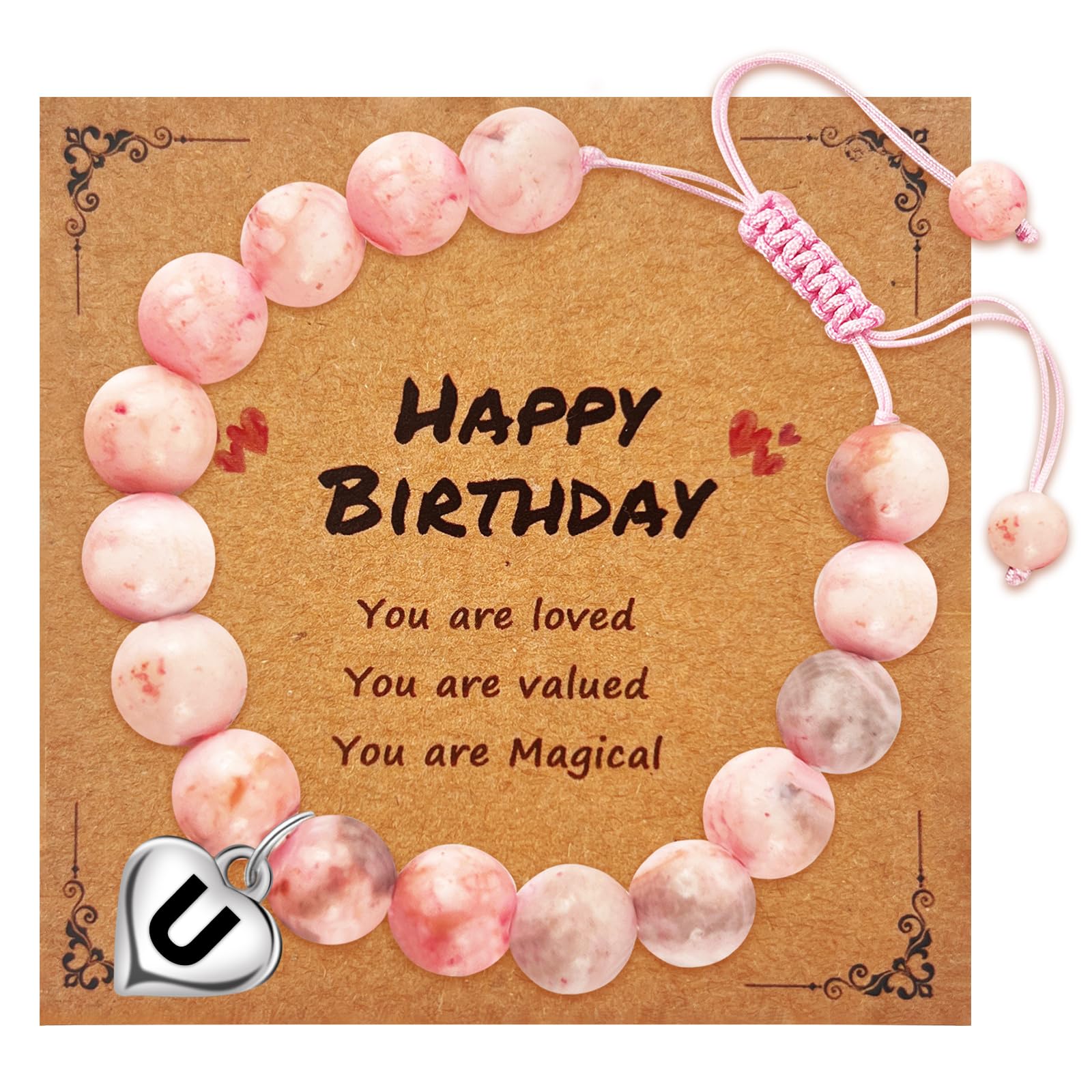 Initial Letter Birthday Graduation Gifts for Her, Adjustable Beaded Natural Stone Bracelet with Heart Charm for Daughter, Niece,Sister and Friend