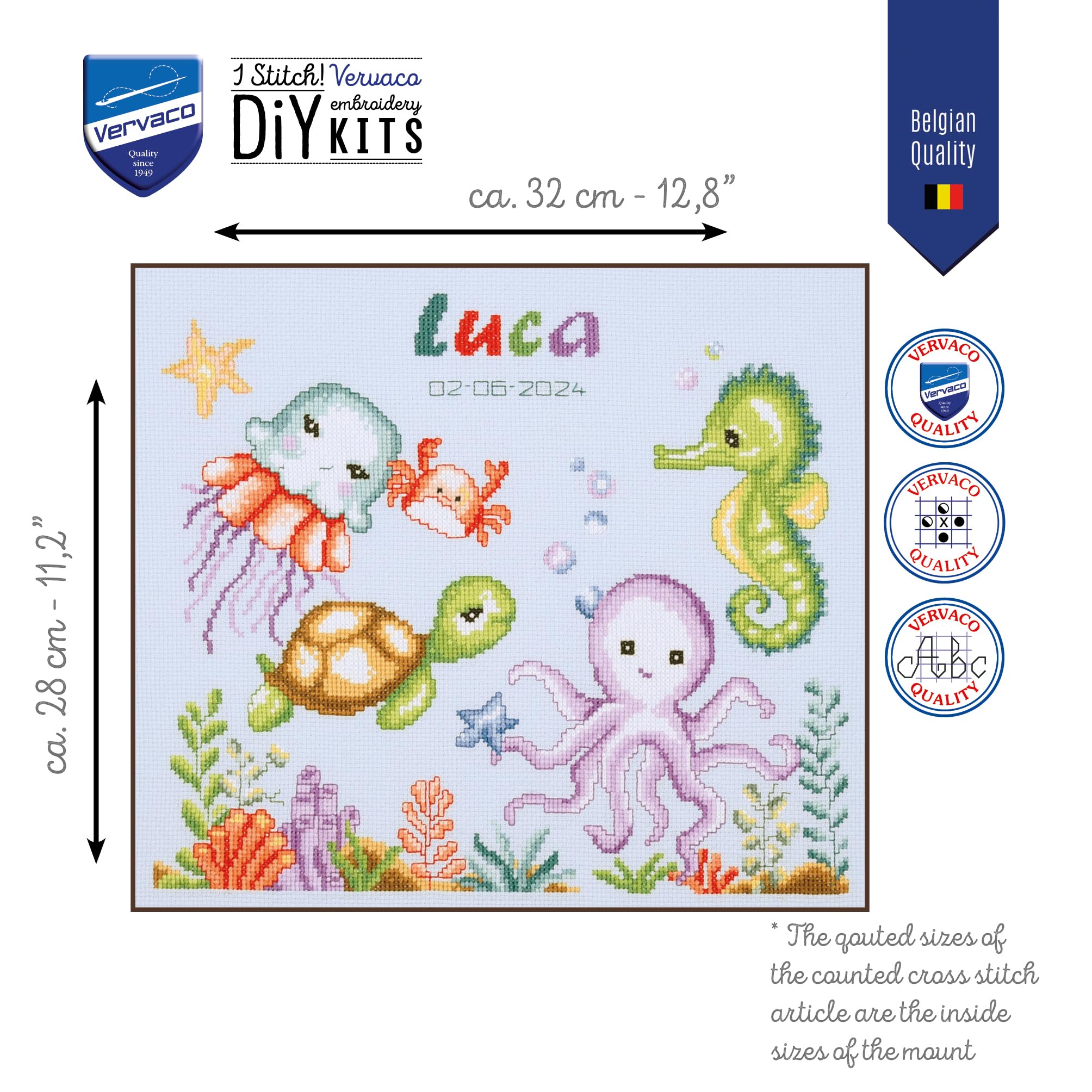 VERVACO Haft Krzyżykowy Liczony Zestaw Metryczka dla Dziecka ZWIERZĘTA MORSKIE Pamiątka Narodzin Zrób to Sam Zestaw Kreatywny dla Dorosłych 32 x 28 cm Dekoracje Ścienne Pokój Dziecka Cross Stitch