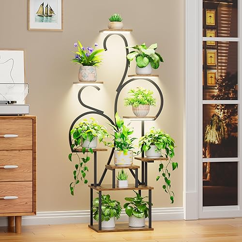 Miniatura 4 de POZILAN Soporte para plantas de interior con luces de cultivo, estante de esquina de 55 pulgadas de alto, estante de luz de cultivo de 9 niveles,