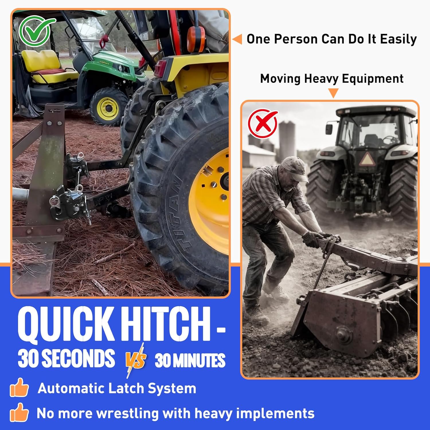 Upgraded Cat 1 Tractor Easy Change Quick Hitch System, Compatible with 3 Point Hitch Adapter, Tractor Hitch Faster Attach and Detach to Implements, Comes Stabilizer Bar and 3 Pair of Pin Washers