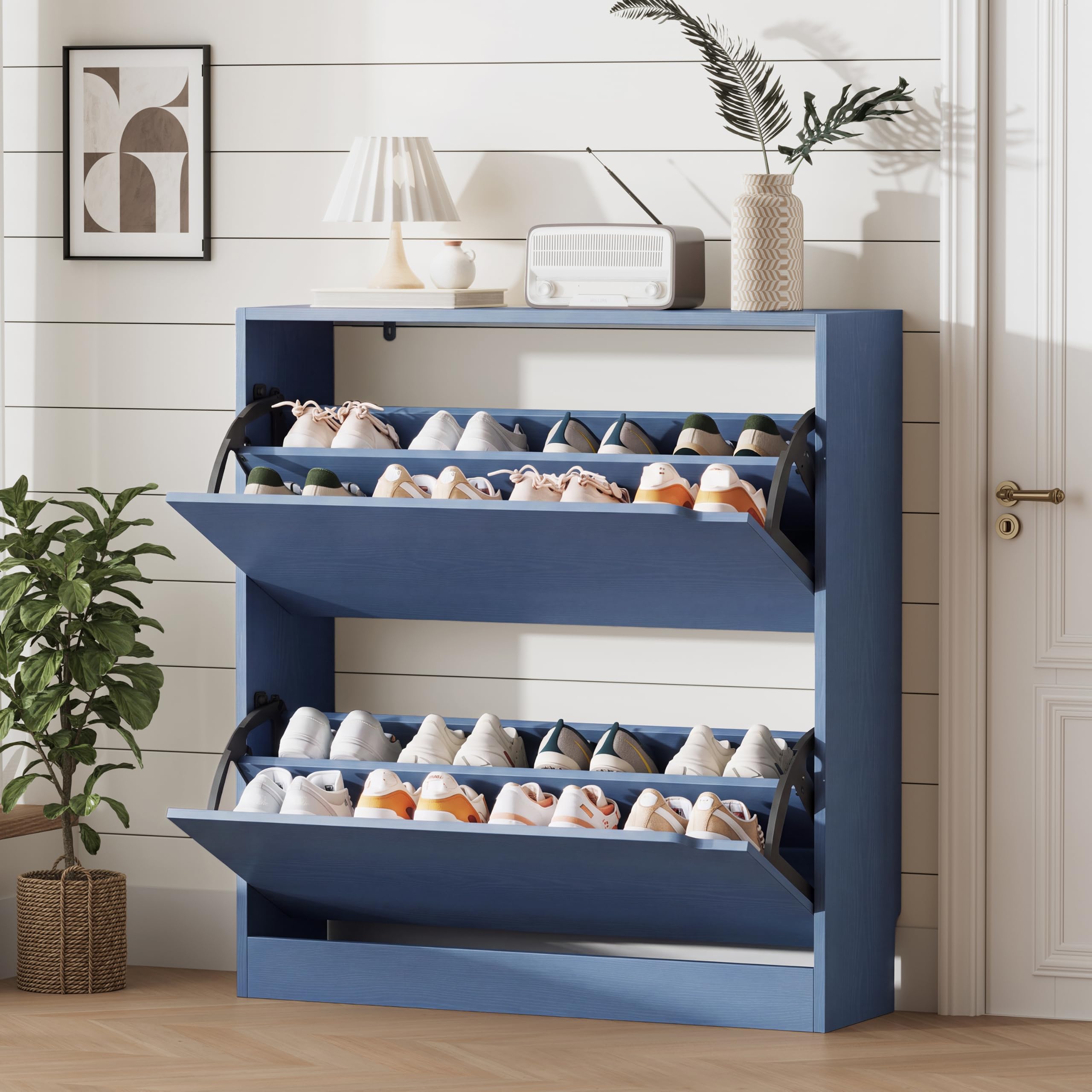 Xixini Shoe Storage Cabinet for Entryway with 2 Flip Drawers, Wood Freestanding Hidden Shoe Storage, Narrow Slim Sturdy Shoe Organizer for Front Door Entrance, Living Room, Hallway, Bedroom, Blue