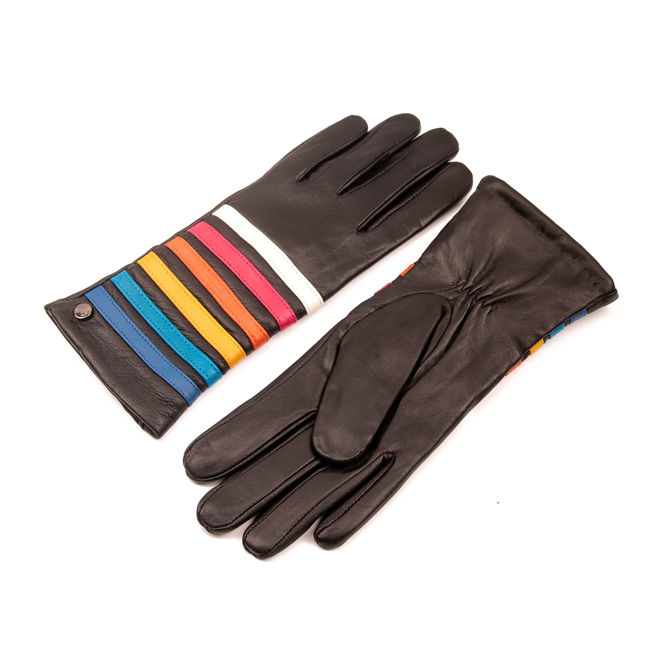 Ms PRIDE - Hochwertige Damen Lederhandschuhe gefüttert, Touchscreen Bedienung, Regenbogen Muster auf Handrücken, Lammnappa, Glattleder