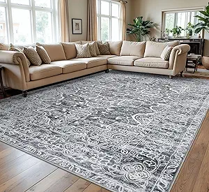 KUTA Vintage Floral Area Rug 9x12 Living Room, Washable Large Rug for Bedroom 9ft x 12ft Non-Slip, Ultra Soft Printed Medallion Dining Room Low-Pile Wool Office Room Carpet Grey White