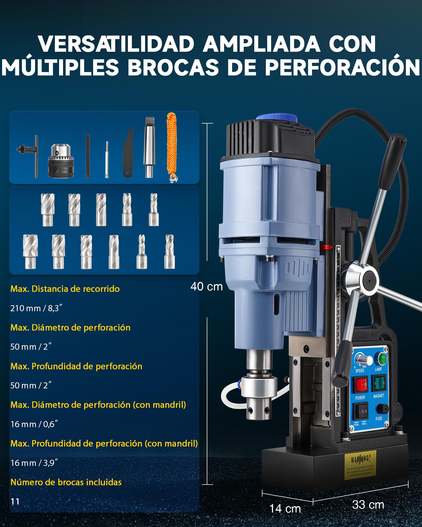 ZELCAN 1950W Taladro Magnético con 11 Brocas, Taladro Magnetico Profesional con Fuerza de 13900N, Diámetro Máx. 50 mm, 650 rpm, Control de Velocidad Continua y Reversa para Superficies Metálicas