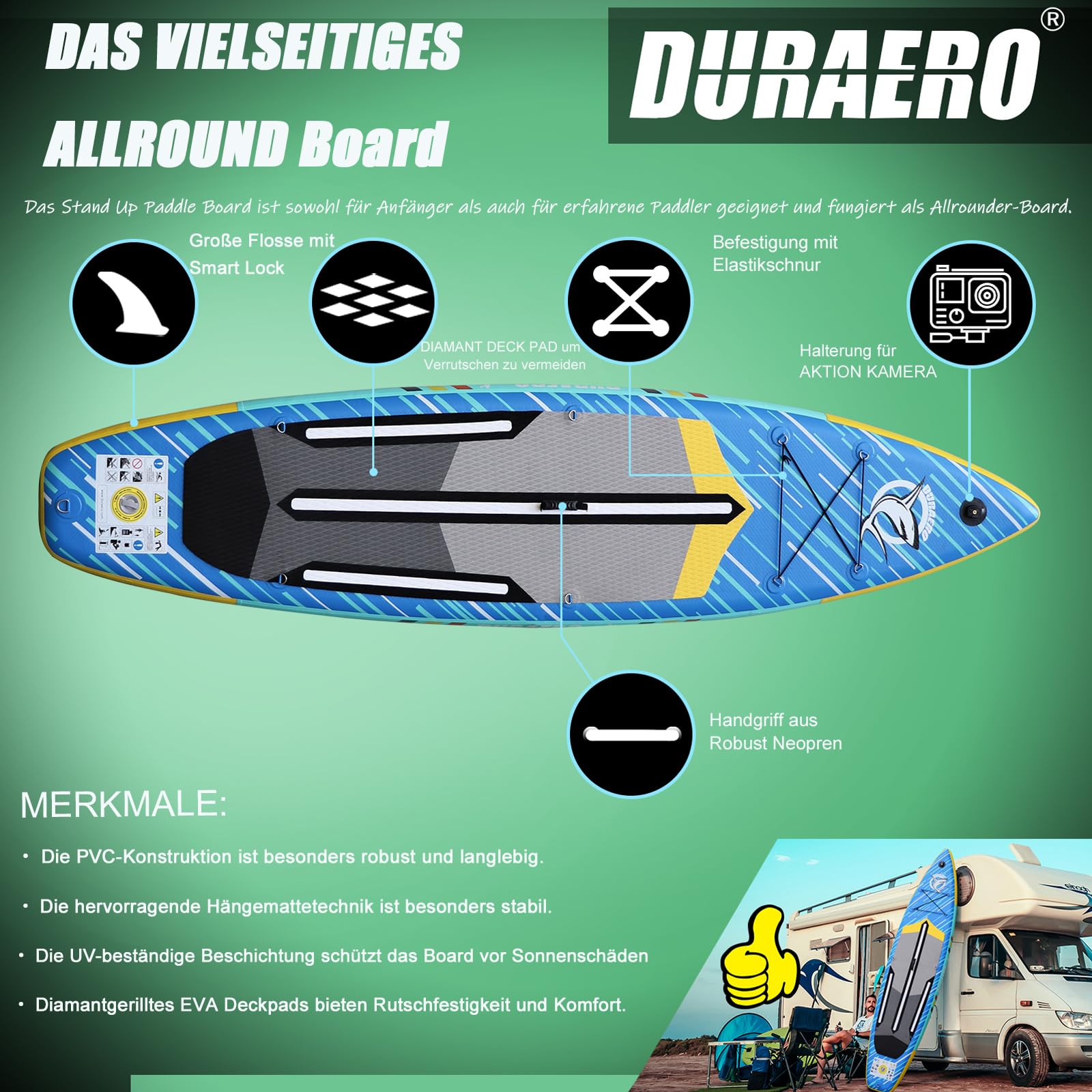 Tavola Gonfiabile da Stand Up Paddle, 330 x 76 x 15 cm, con Supporto per Fotocamera, Accessori Completi, Portata Fino a 150 kg