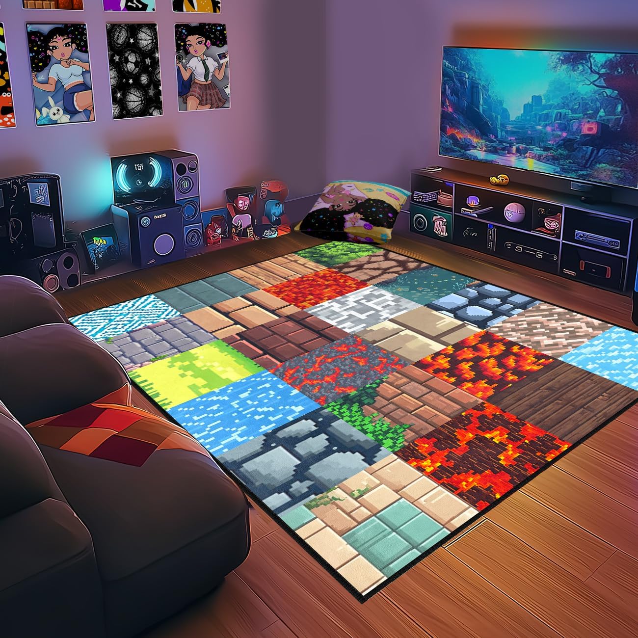 Game Room Rug - Video Game Decor for Boys Bedroom 2'5''x4' Block Theme Carpet Gaming Floor Mat Rugs for Boys Room Decor for Bedroom Living Playroom