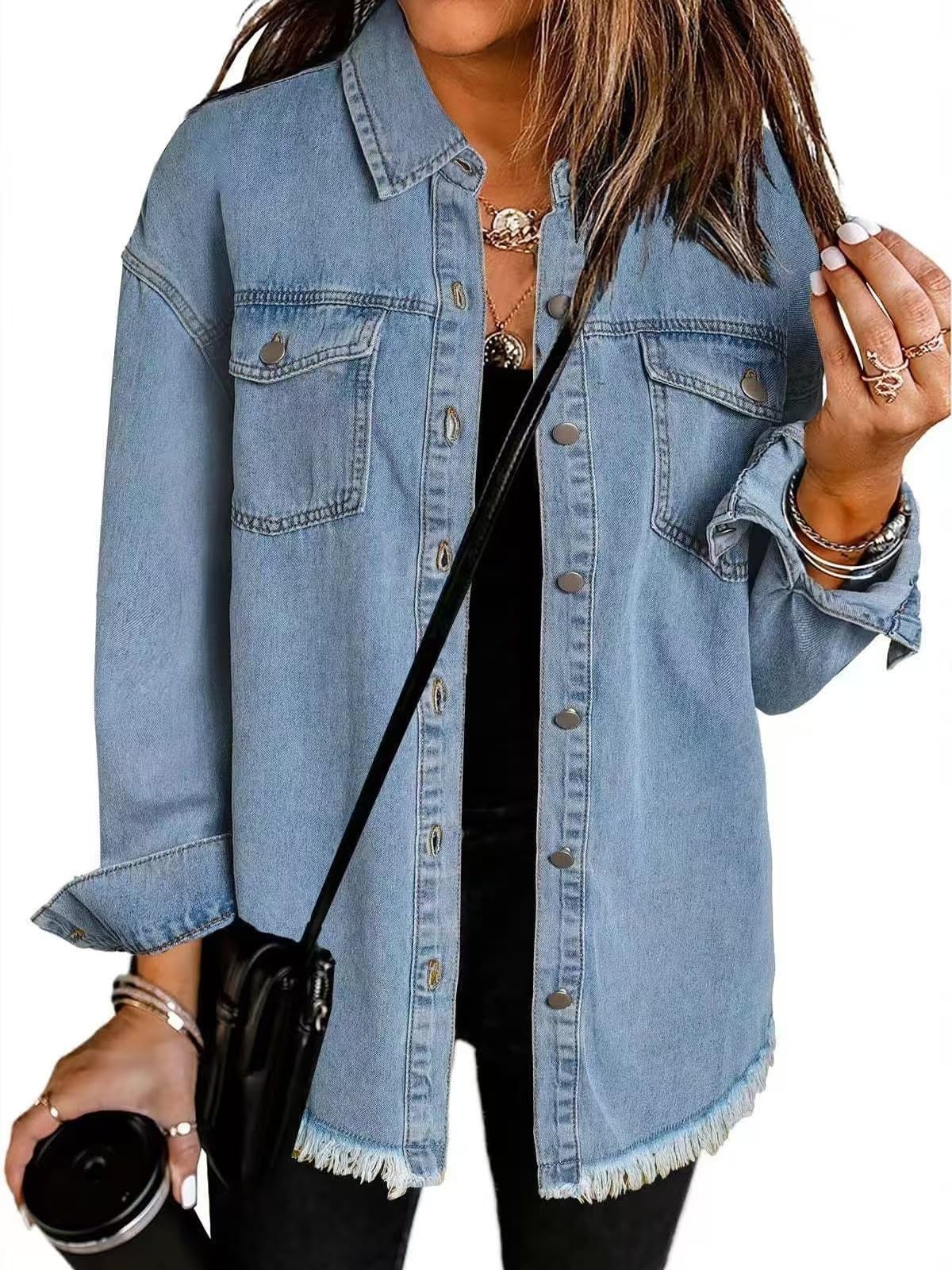 Chaqueta vaquera informal con botones y efecto desgastado para mujer, larga y ligera, extragrande