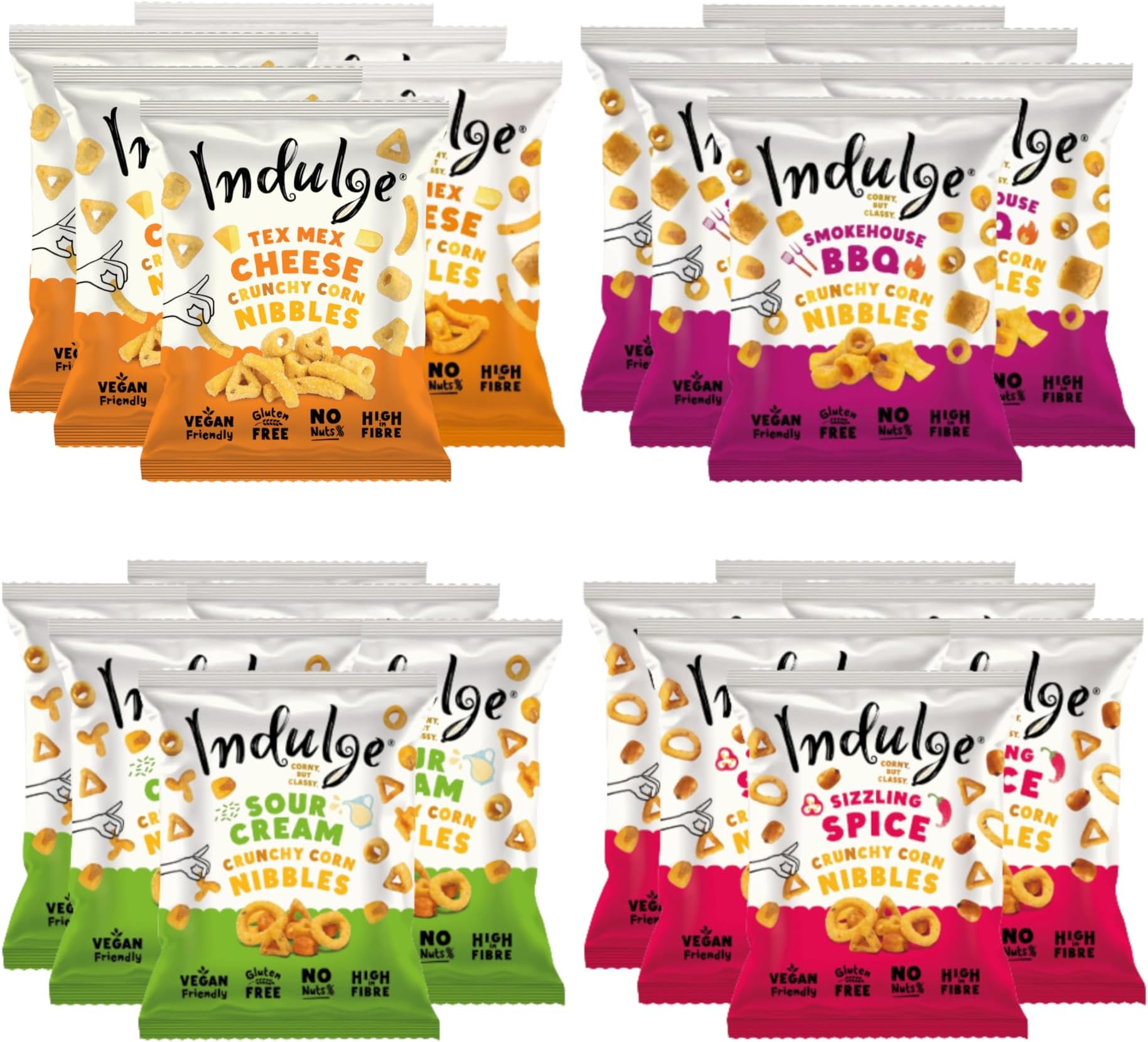 Indulge - Crunchy Corn Nibbles - Variety flavour - Gluten Free, Nut Free, Low Salt, Vegan- 20g x 24 bags (Variety Box) (20g (Pack of 24), Variety Box)
