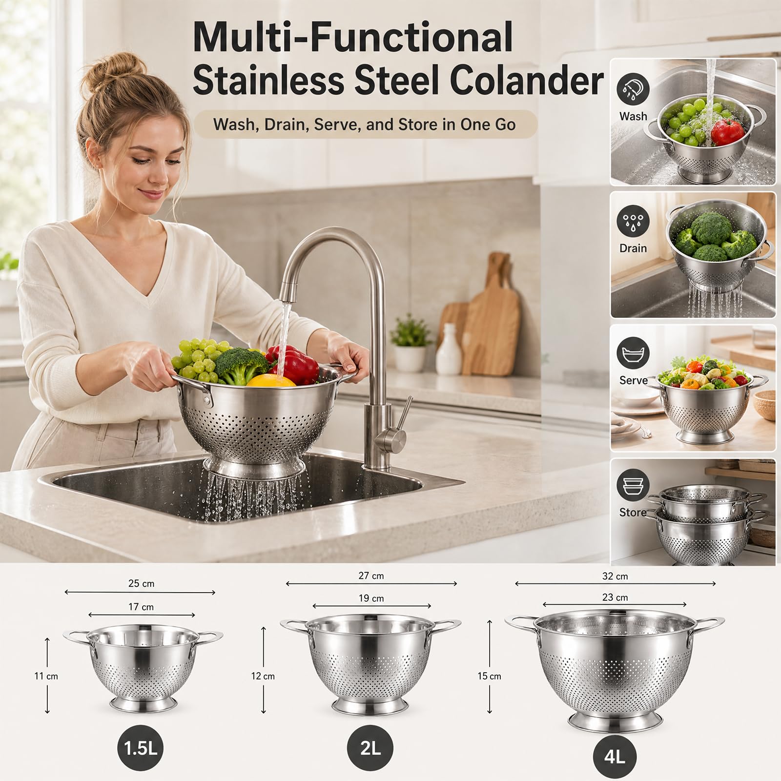 Set di 3 colini da cucina in acciaio inox, con manico e base