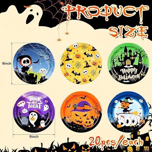 Miniatura 2 de Uiifan 120 platos redondos de papel de Halloween, fantasmas, calabaza, calavera, araña, diseño de telaraña, para suministros de decoración de fiesta