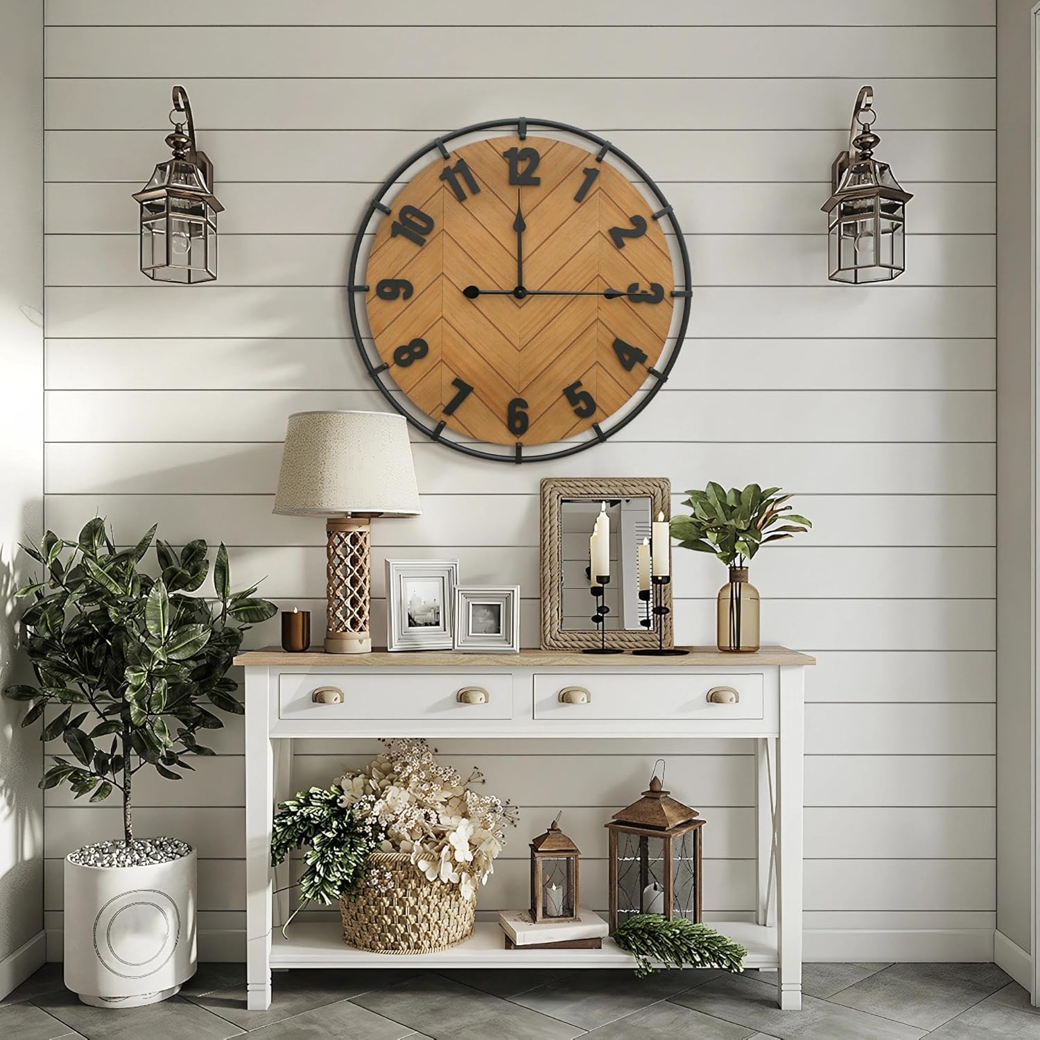 Micasso 27 Inch Large Farmhouse Wall Clock - Silent Non Ticking Rustic Wood & Metal Wall Decor, Oversized Antique Decorative Battery Operated Clock for Living Room, Kitchen, Office, Bedroom