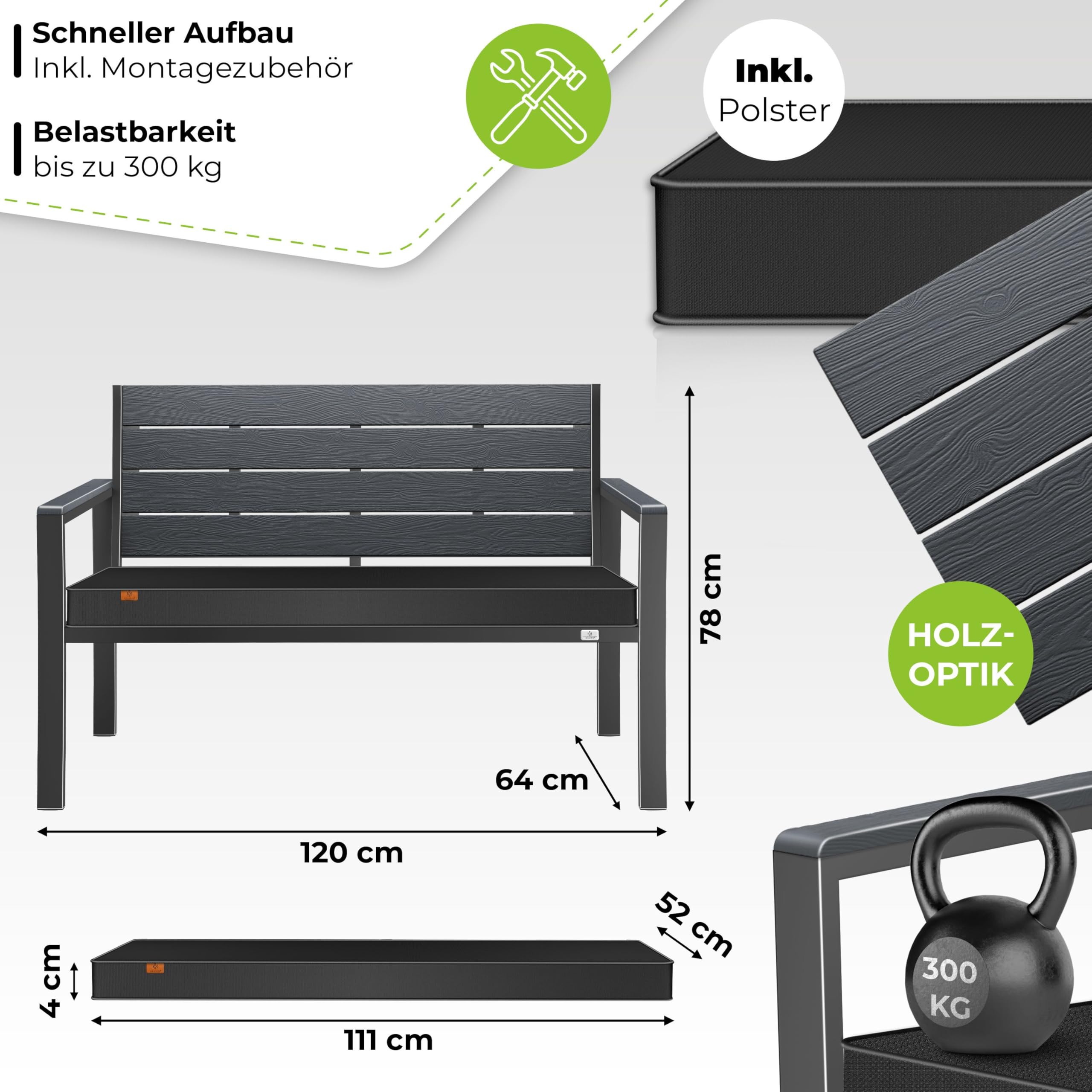 KESSER® Gartenbank mit Kissen – Sitzbank Wetterfest 2-Sitzer Parkbank in Holzoptik Balkonbank für Garten Terrasse Balkon bis 300 kg belastbar UV-beständig inkl. abnehmbarem & waschbarem Polsterbezug