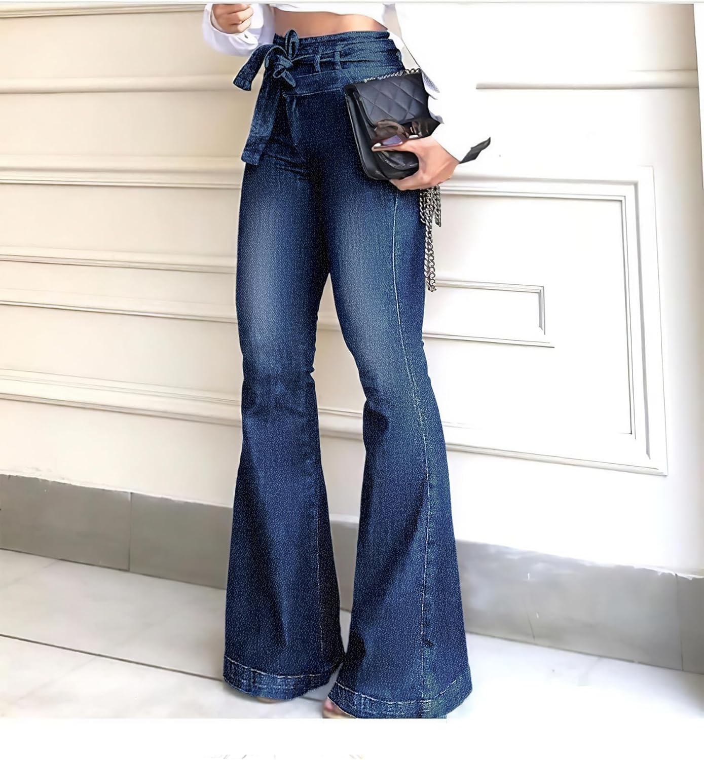 Pantete Womens High Waisted Bell Bottom Jeans Denim High Rise Flare Jean Pants with Wide Leg and Belt - Image 2
