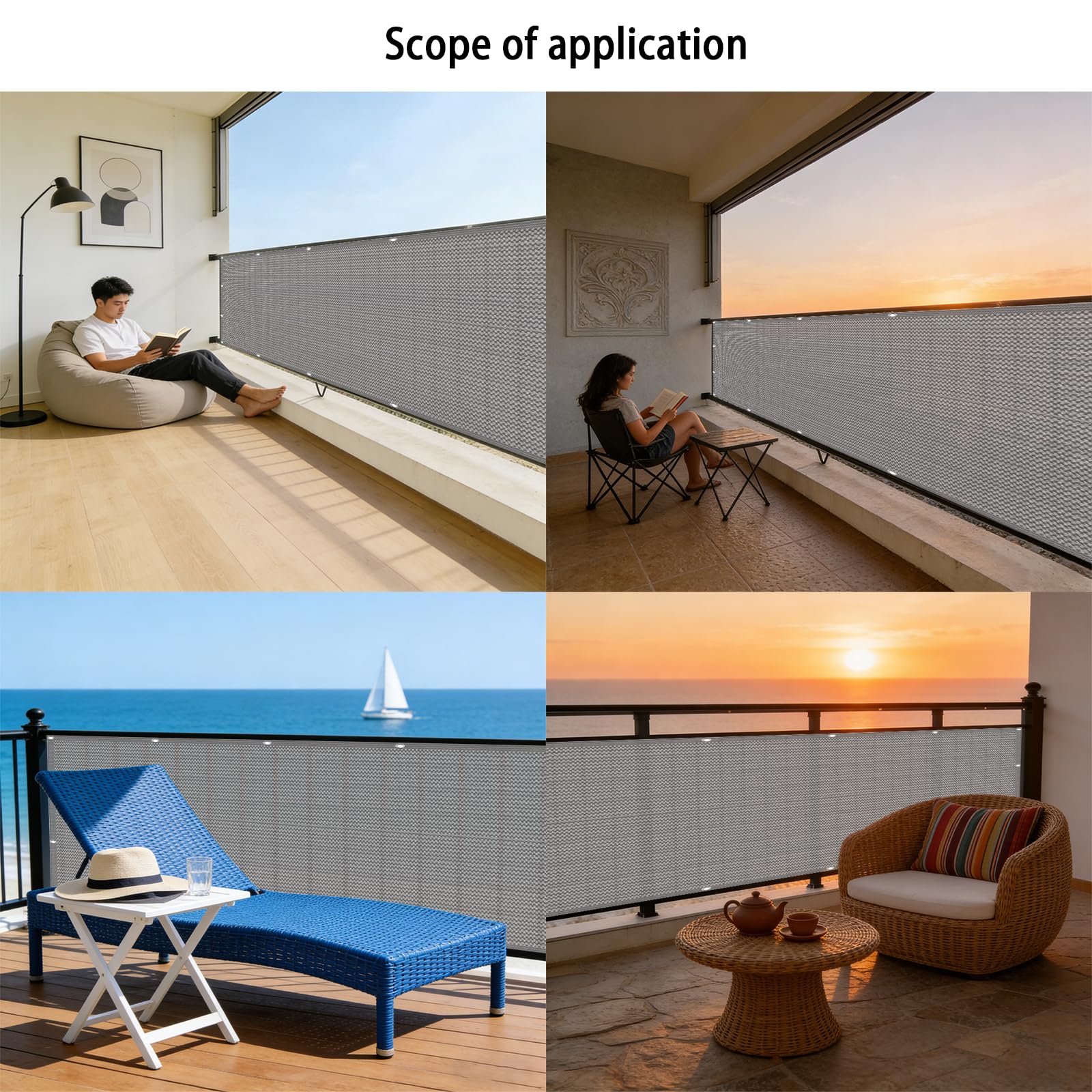 Telo Balcone 120 x 700 cm in HDPE 220G ㎡, Permeabile, Anti-Uv, Frangivento, Protezione Solare, Copertura Balcone Ringhiera con Fascette e Funi para Jardín Exterior, Grigio