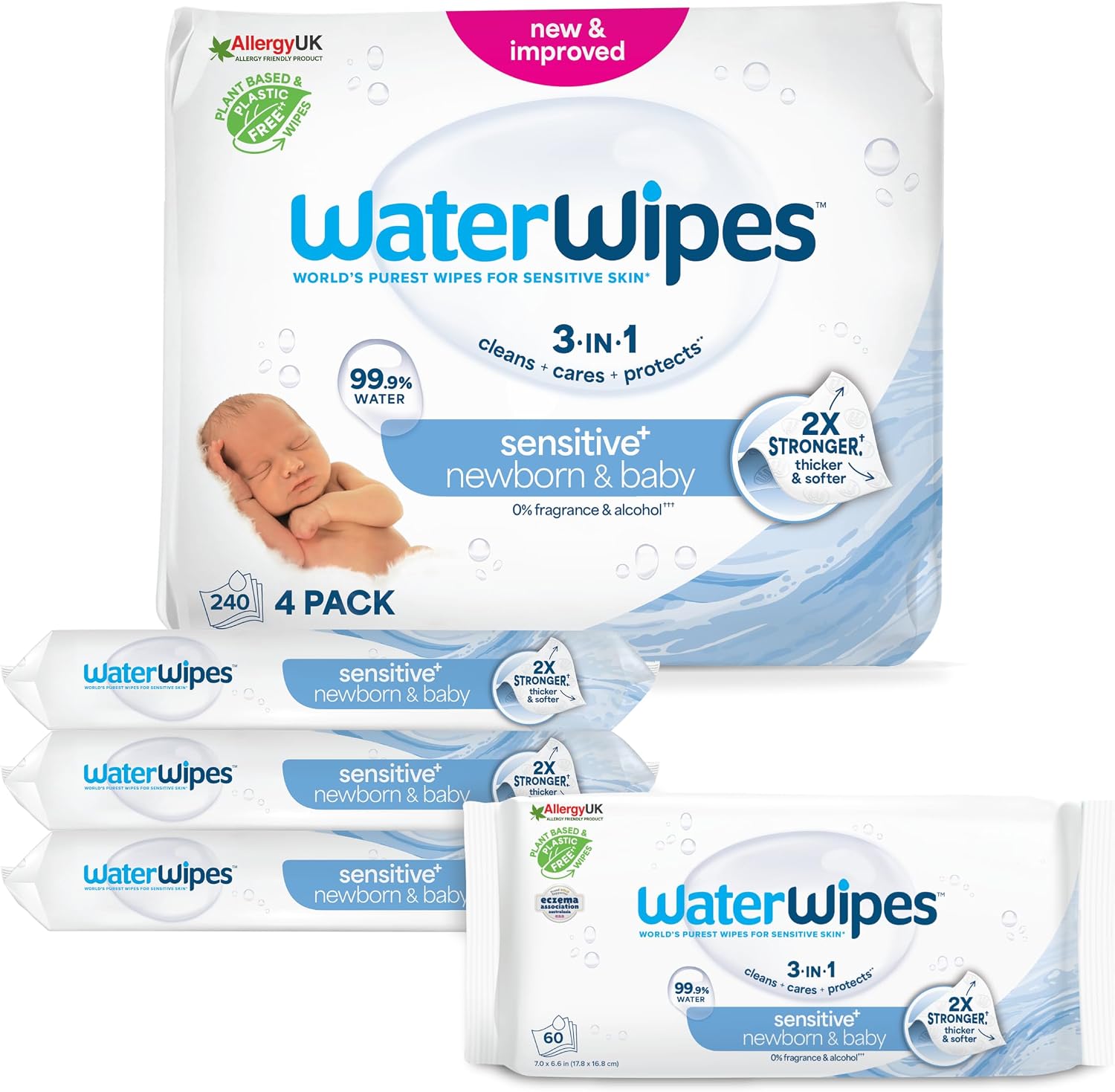WaterWipes Sensitive+ Newborn & Baby Wipes, Toallitas Para Recién Nacidos y Bebés, 240 unidades (paquete de 4), 3 en 1 Limpia, Cuida, Protege, 99,9% Agua, Sin perfume