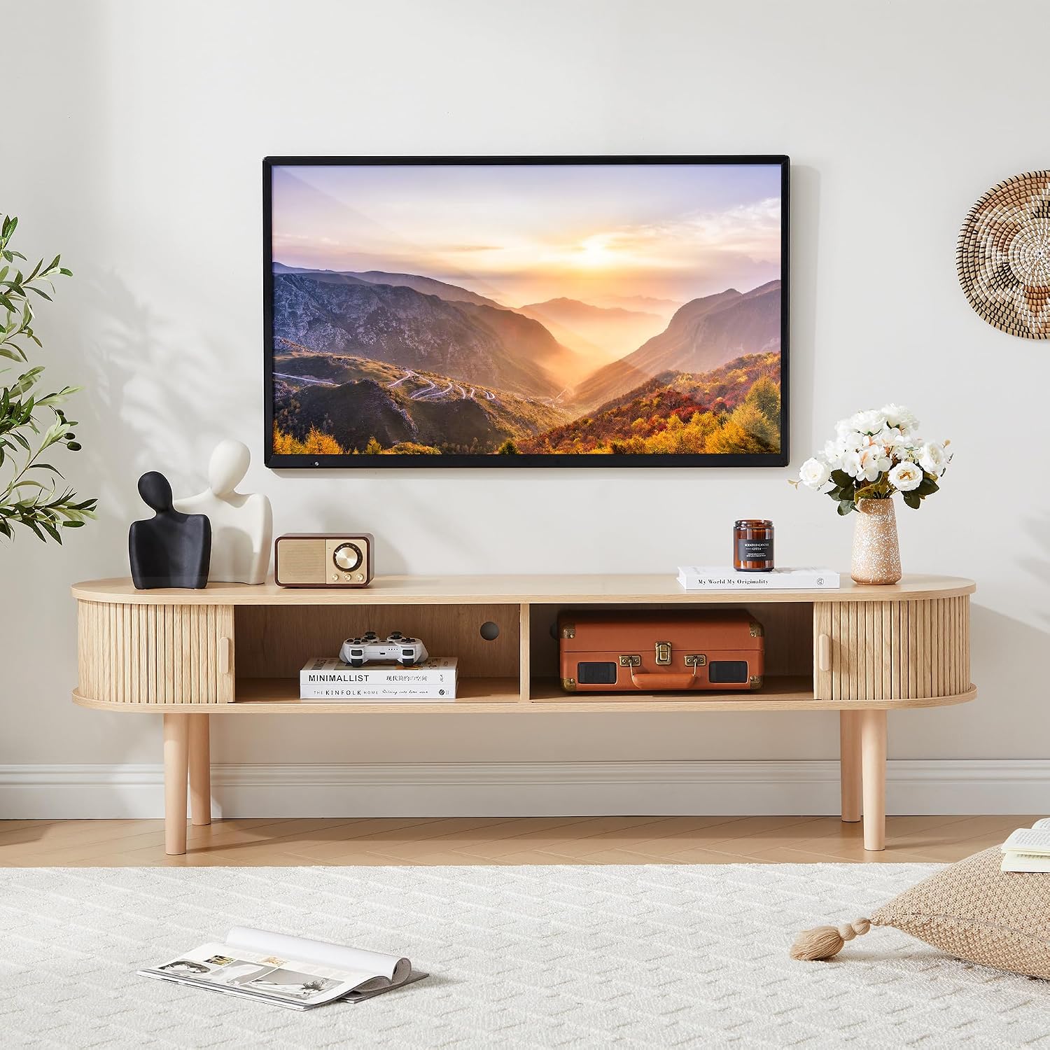 TV Stand, Fully Assembled Fluted Media Console Table with Sliding Doors, Modern Entertainment Center with Storage for Living Room, Home Office (No-Assembly) (Natural)