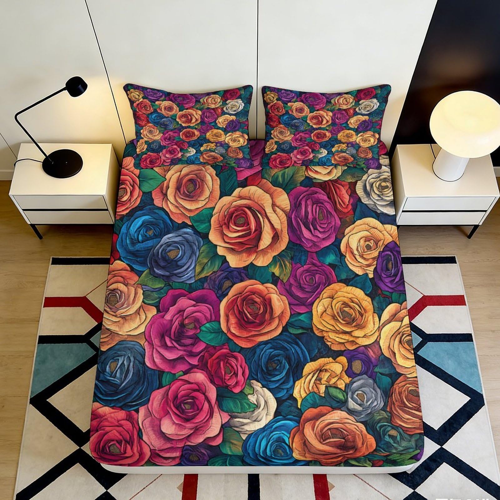 3D Printed Multicolour Rose Fitted Sheet Microfiber Soft Bedroom Decor Floral Mattress Cover for Home Guest Room 90x200x25cm