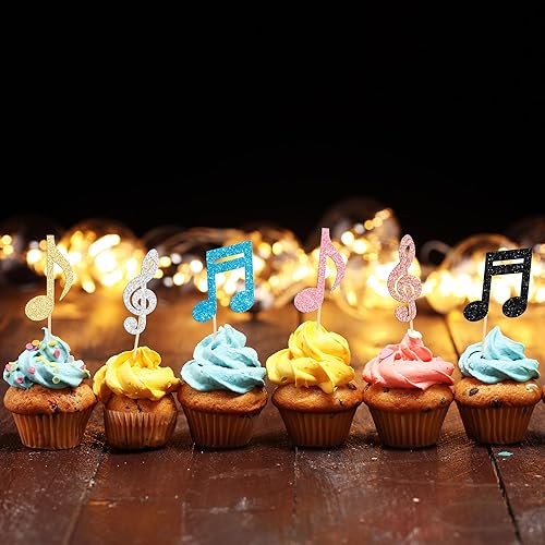 Miniatura 7 de Gyufise 24 piezas de notas musicales para cupcakes, símbolos musicales con purpurina, para música rock, concierto, tema, baby shower, boda, fiesta