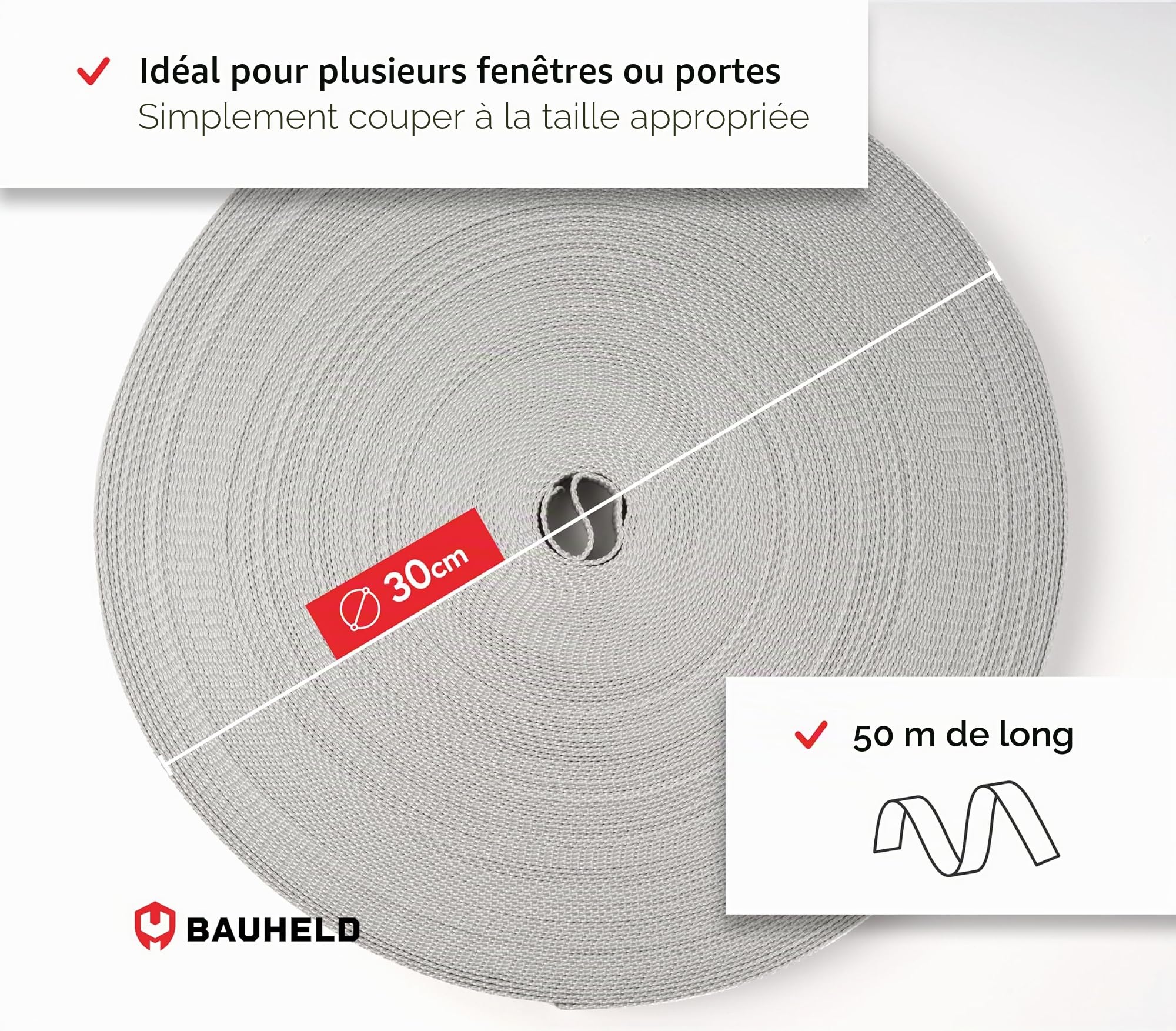 BAUHELD® Sangle de volet roulant de 50 m - 14 mm, 18 mm, 20 mm, 23 mm - Fabriquée en Allemagne - Convient pour volets roulants sur portes et fenêtres - Haute résistance à la déchirure et stabilité UV