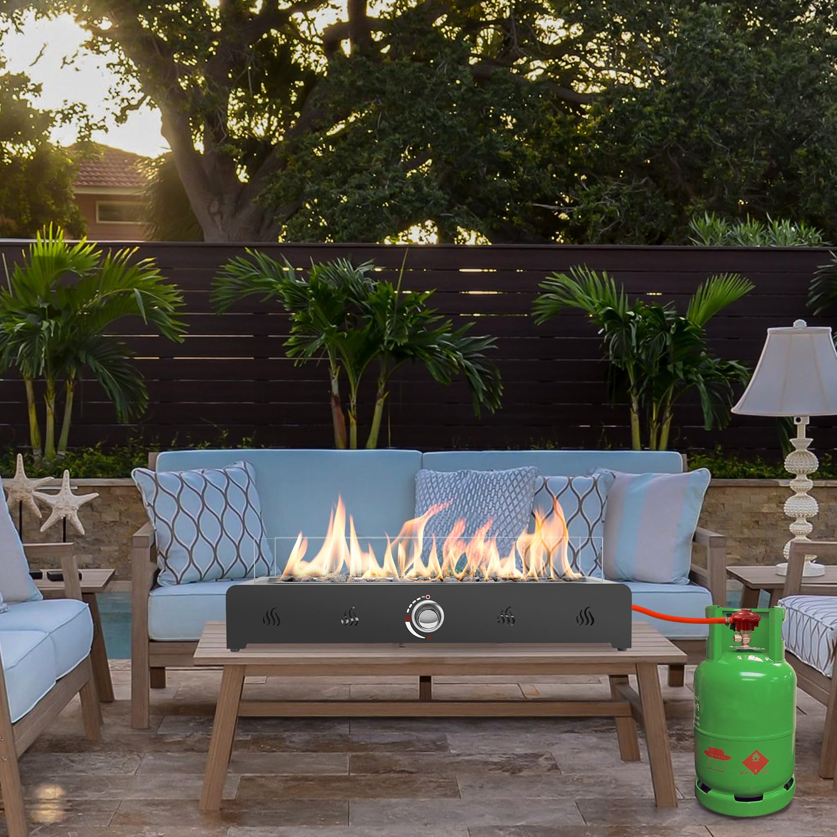 Onlyfire Braciere a gas rettangolare da tavolo, 6,5 kW, riscaldatore esterno con pietre laviche e protezione antivento in vetro, braciere propano per patio, cortile
