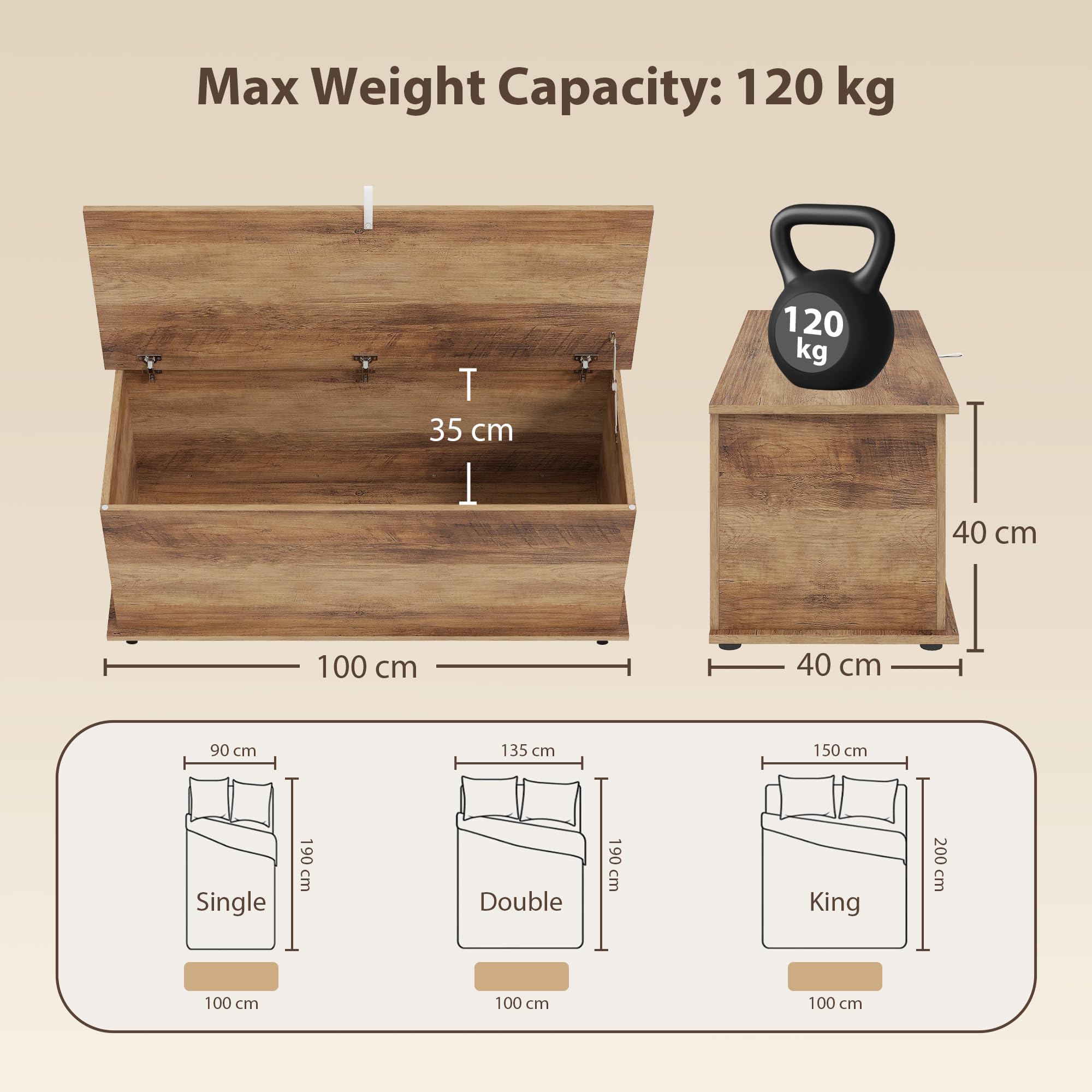 HOMCOM Cassapanca Contenitore da Interno 113L con Coperchio Ribaltabile, Baule Contenitore per Soggiorno e Ingresso, Panca Contenitore, Effetto Legno Marrone