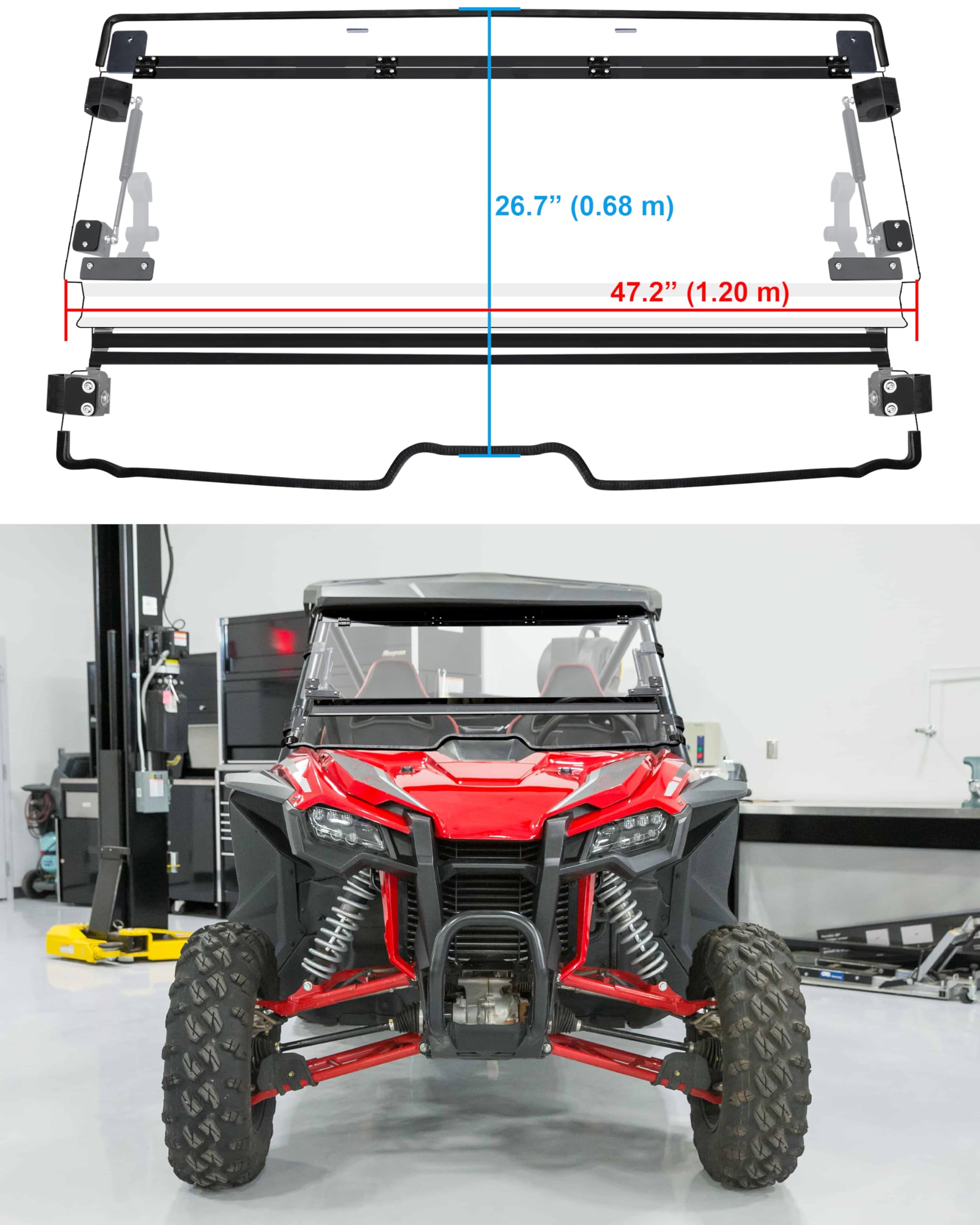 Condition photo showing New/Like New for sautvs flip up windshield for honda talon 1000r 1000x 1000x-4 2019-2026 3-in-1, closed vented fully open, clear 1/5" hard coated polycarbonate front flip full windscreen window, weatherproof seals