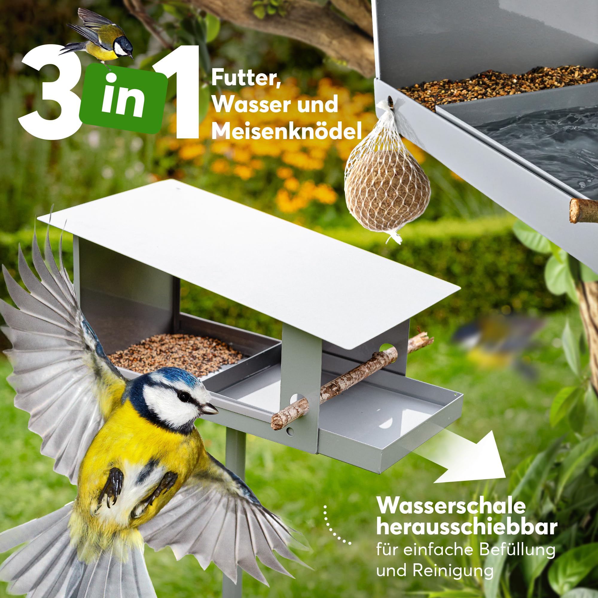 Vogelhaus mit Ständer [wetterfest] - 3-in-1 Futterhaus für Vögel - großes, Robustes Vogelhäuschen, Vogelvilla, Futterhäuschen stehend | Langlebig, wetterfest & leicht zu reinigen | linthagen