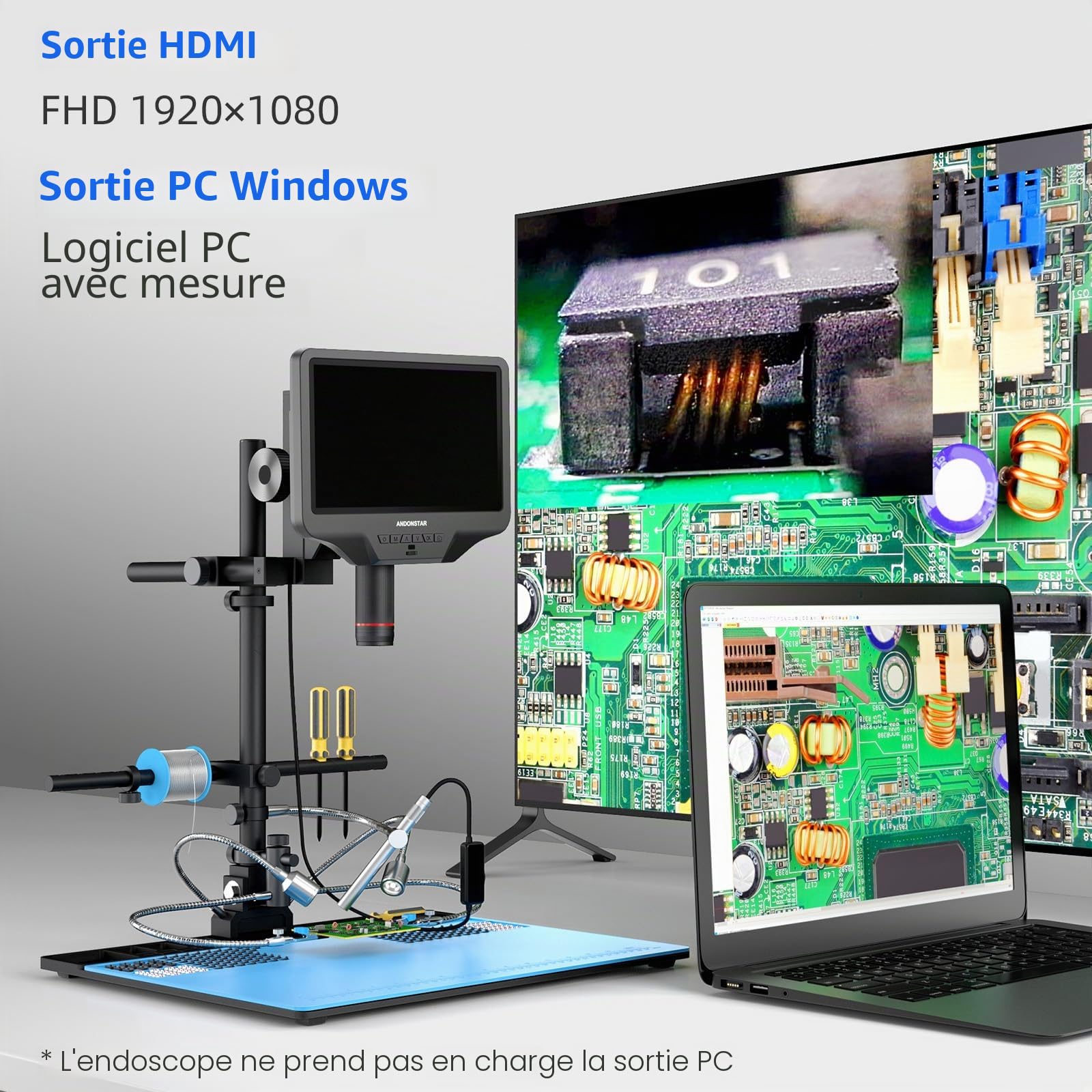 Andonstar AD409 Max Microscope numérique HDMI avec station de soudure, endoscope, écran LCD 10,1", caméra USB 300X, pour soudage PCB professionnel, prend en charge PC Windows