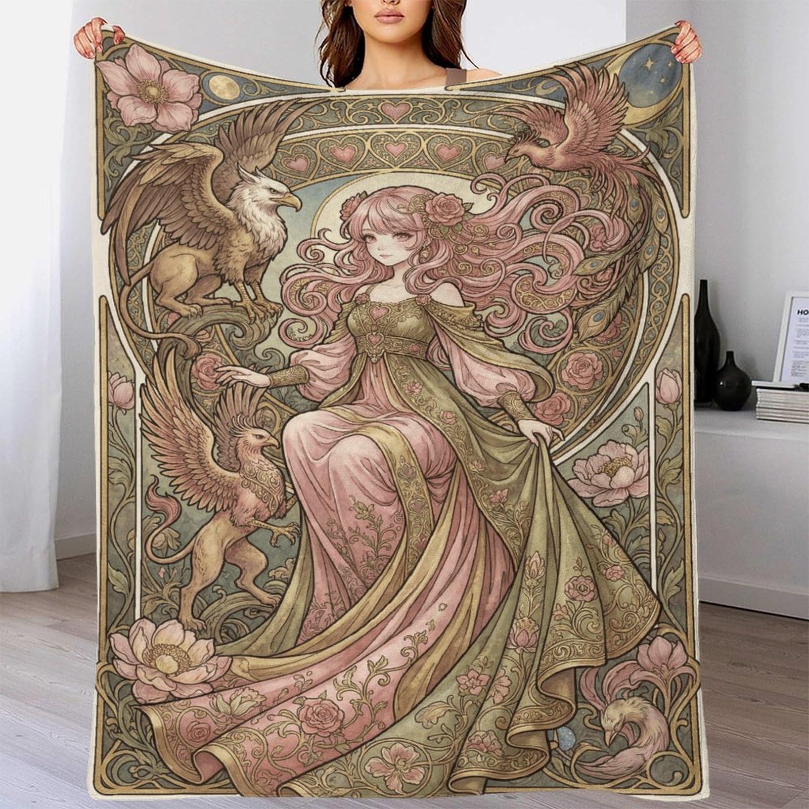 W7C8U2X3 Art Nouveau Mucha Anime Flannel Throw Blanket, Camping Car Travel