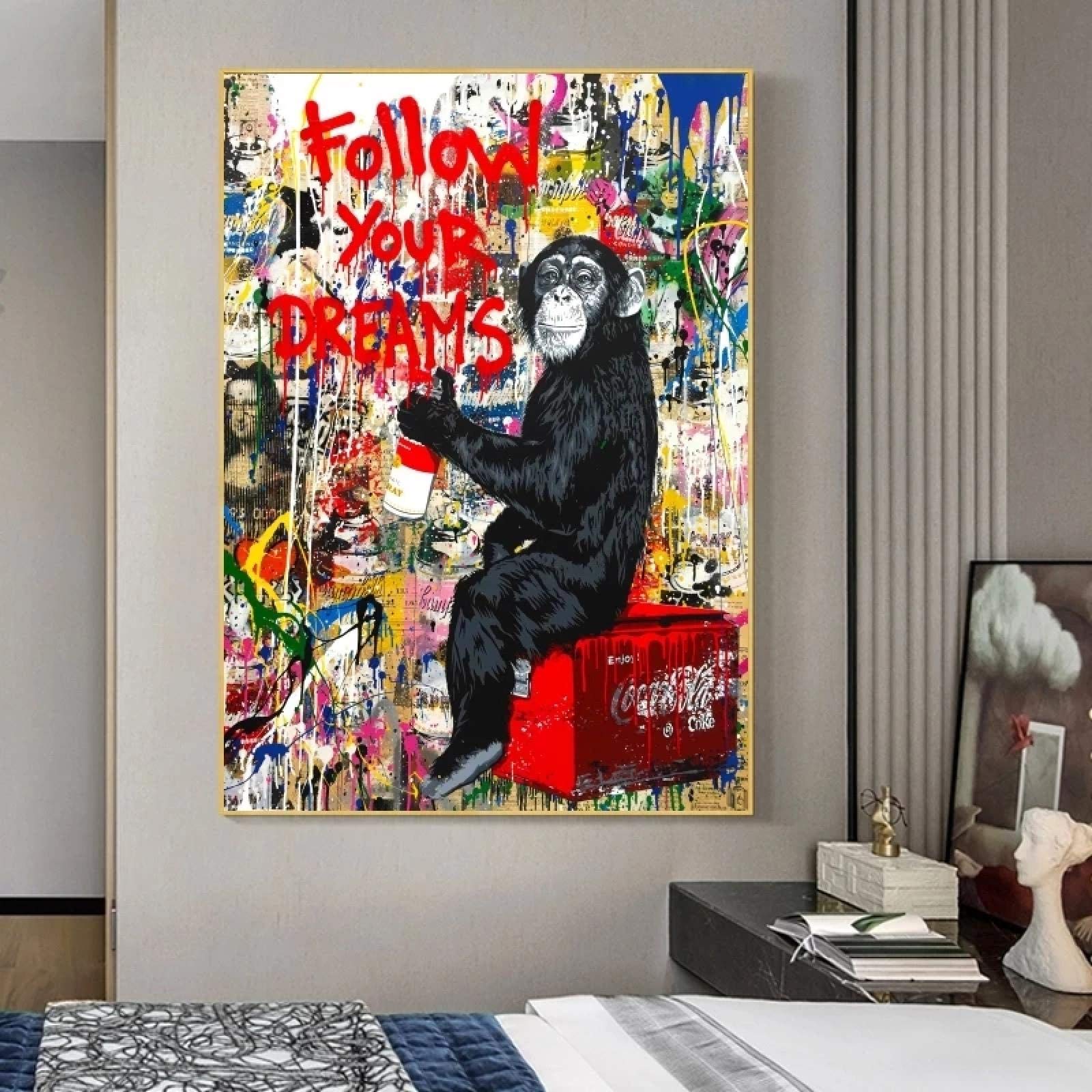 Guying Art Frameless Banksy Art Follow Your Dreams Monkey Posters Graffiti Street Wall Art Posters And Prints Animals Pictures For Home Decor 70X90cm